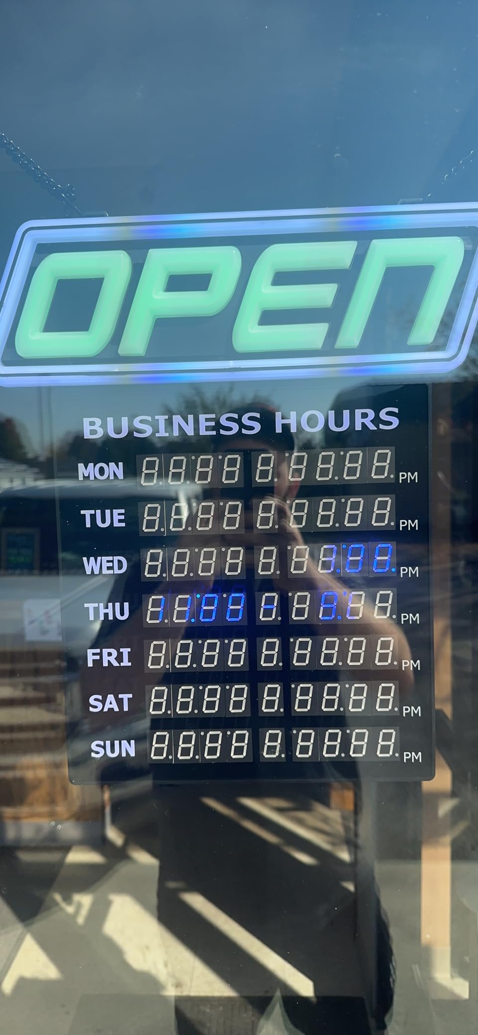 Green Light Innovations Super-Bright LED Open Sign for Business 15x32 in - 64 Color Combos via Bluetooth App or Remote - Programmable On/Off Timer, Scroll/Flash/Phase Modes - Daylight Visible customer photo 1