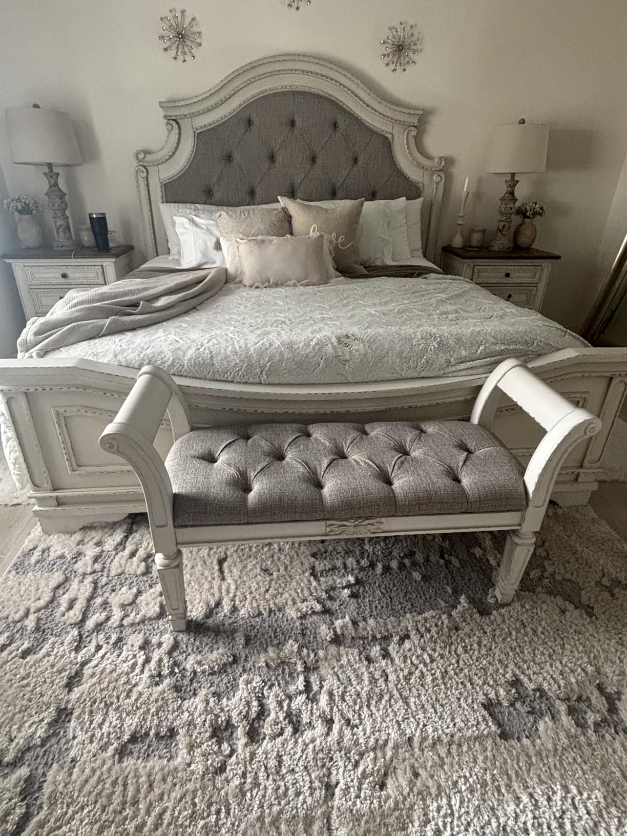 Signature Design by Ashley Realyn Upholstered Accent Bench, Antique White | Tufted cushion, Wood frame, Scrolled arms, Entryway or bedroom use customer photo 2