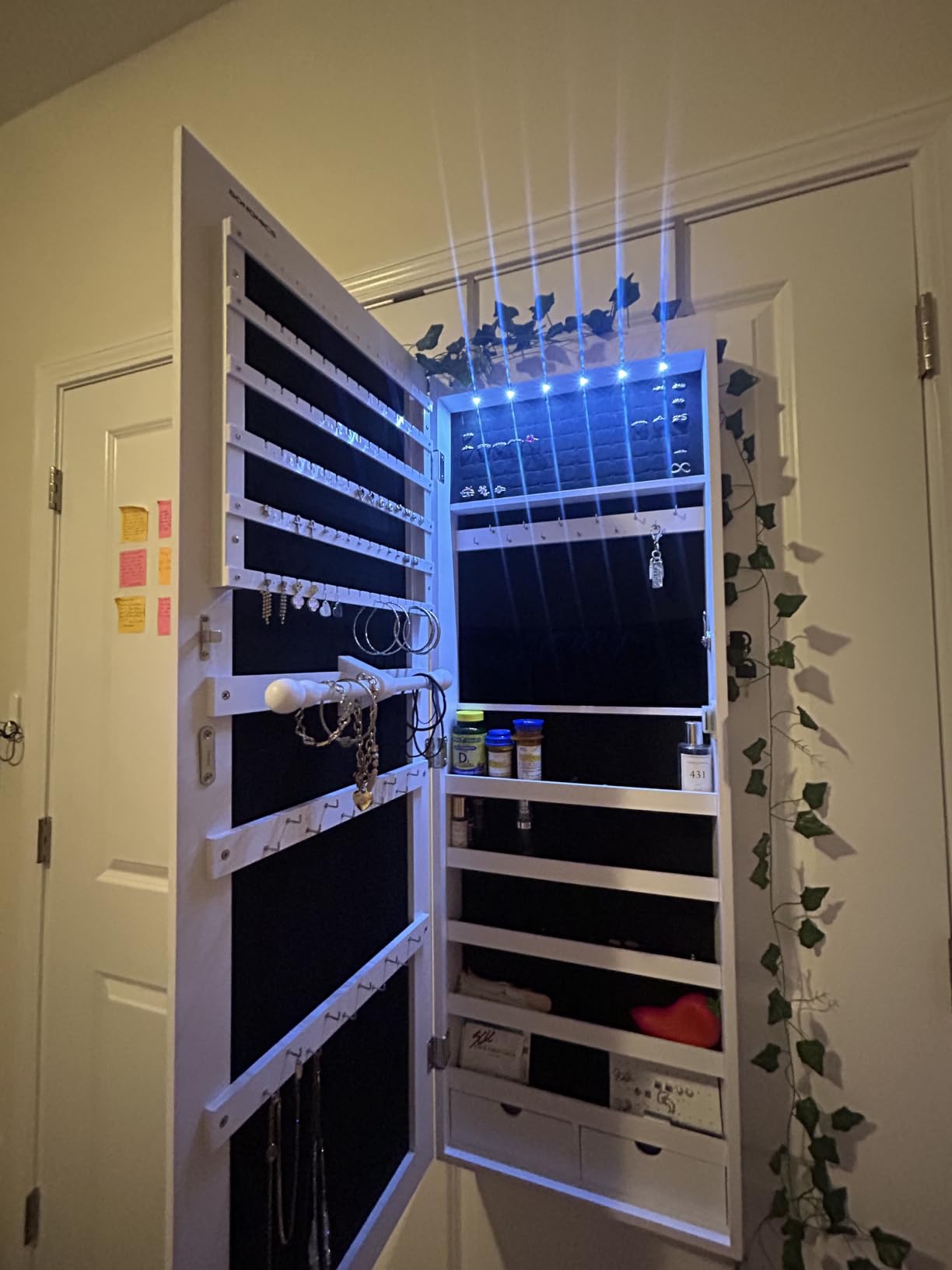 SONGMICS Hanging Jewelry Cabinet, Wall-Mounted Cabinet with LED Interior Lights, Door-Mounted Jewelry Organizer, Full-Length Mirror, Gift Idea, White UJJC99WT customer photo 2