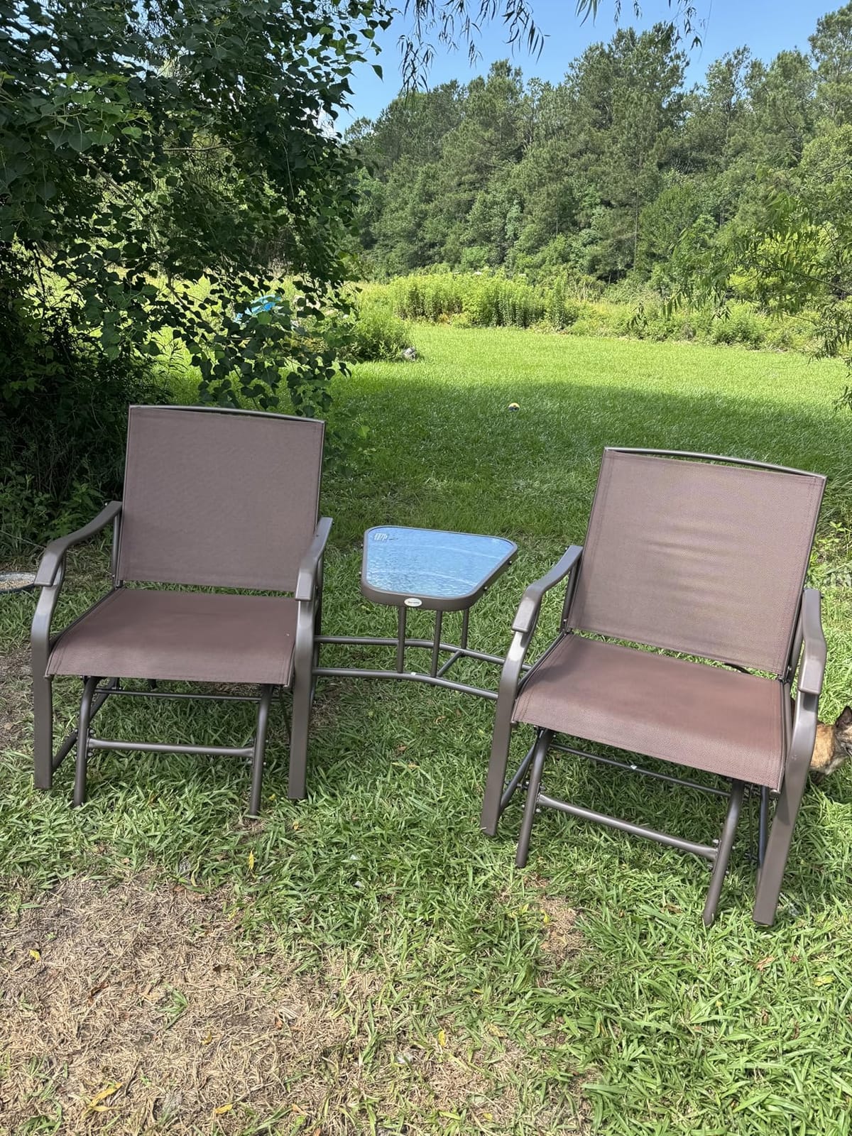 Outsunny Outdoor Glider Chair with Table 2-Seat Patio Loveseat Gray | Rocking Chair Swing Love Seat, Breathable Sling, Backyard Garden Porch customer photo 2