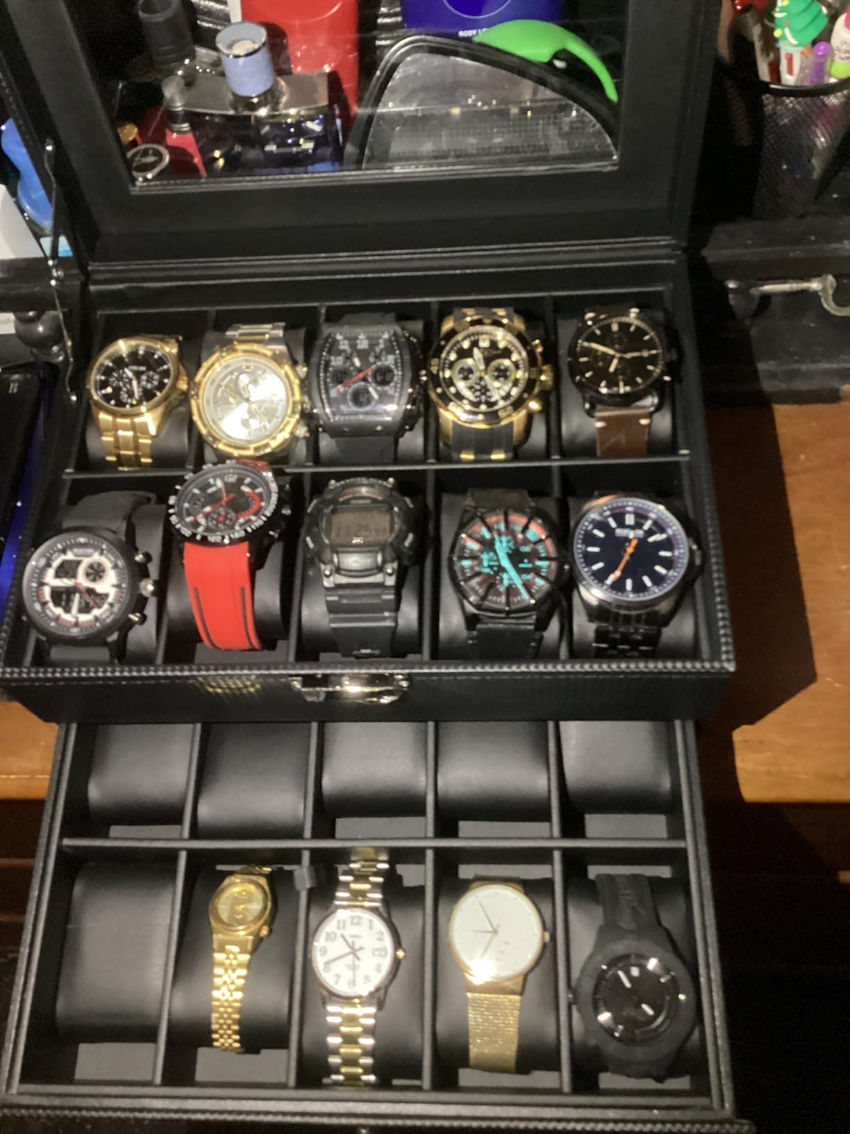 BEWISHOME Watch Case, 20-Slot Watch Box Organizer with Large Glass Lid | Watch Cases for Men with Removable Watch Pillows, Synthetic Leather, Watch Storage Box, Watch Display Case, Black SSH04C customer photo 1