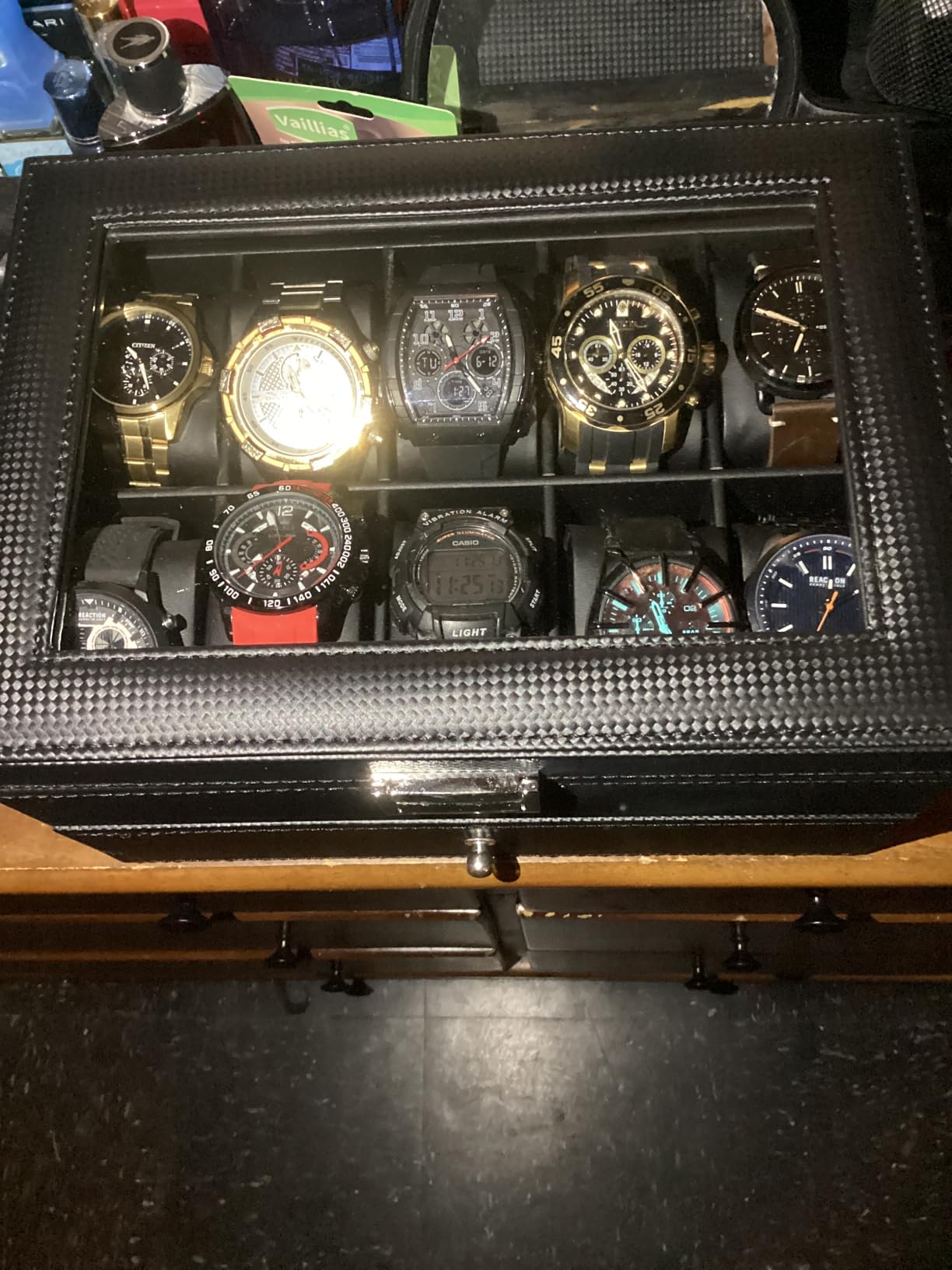 BEWISHOME Watch Case, 20-Slot Watch Box Organizer with Large Glass Lid | Watch Cases for Men with Removable Watch Pillows, Synthetic Leather, Watch Storage Box, Watch Display Case, Black SSH04C customer photo 2