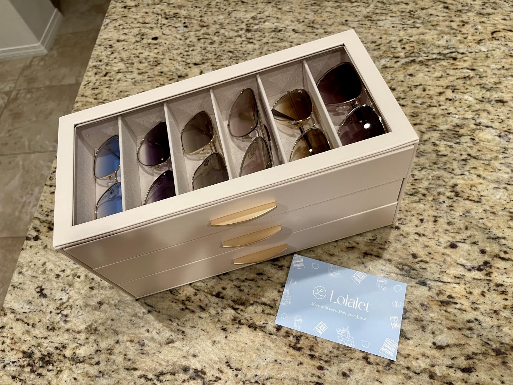 SONGMICS GISELLA Collection - Jewelry Box Organizer with Glass Lid, 3-Layer Jewelry Storage, with 2 Drawers, Modern Style, 8 x 9.1 x 5.3 Inches, Cloud White and Gold Color UJBC239WT customer photo 2