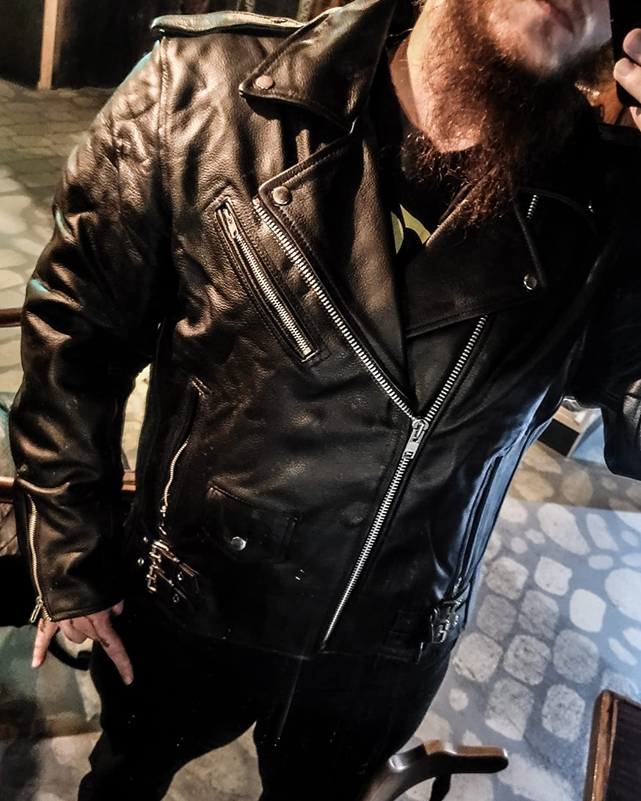 HWK Brando Leather Motorcycle Jacket for Men, Genuine Black Leather Jacket with Removable CE Armor for Motorbike Riding customer photo 2