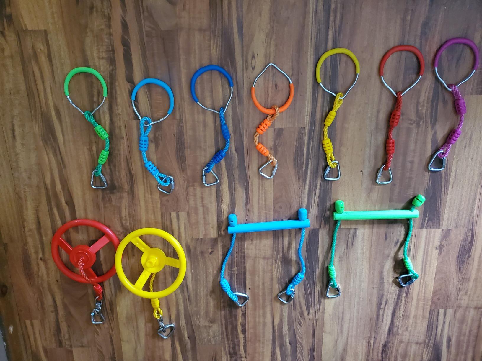 Ninja Rings, Trapeze Wheels & Monkey Bars, Obstacle Course | 7 Rings, 2 Trapeze Wheels, 2 Monkey Bars, Supports 260lbs, Ages 3+ customer photo 2