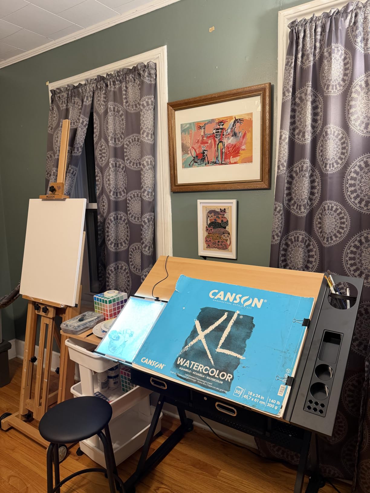 Yaheetech Height Adjustable Drafting Table Drawing Table Artist Desk Tilting Tabletop Art Craft Desk Watercolor Paintings Sketching Work Station w/2 Storage Drawers and Stool for Home Office customer photo 1