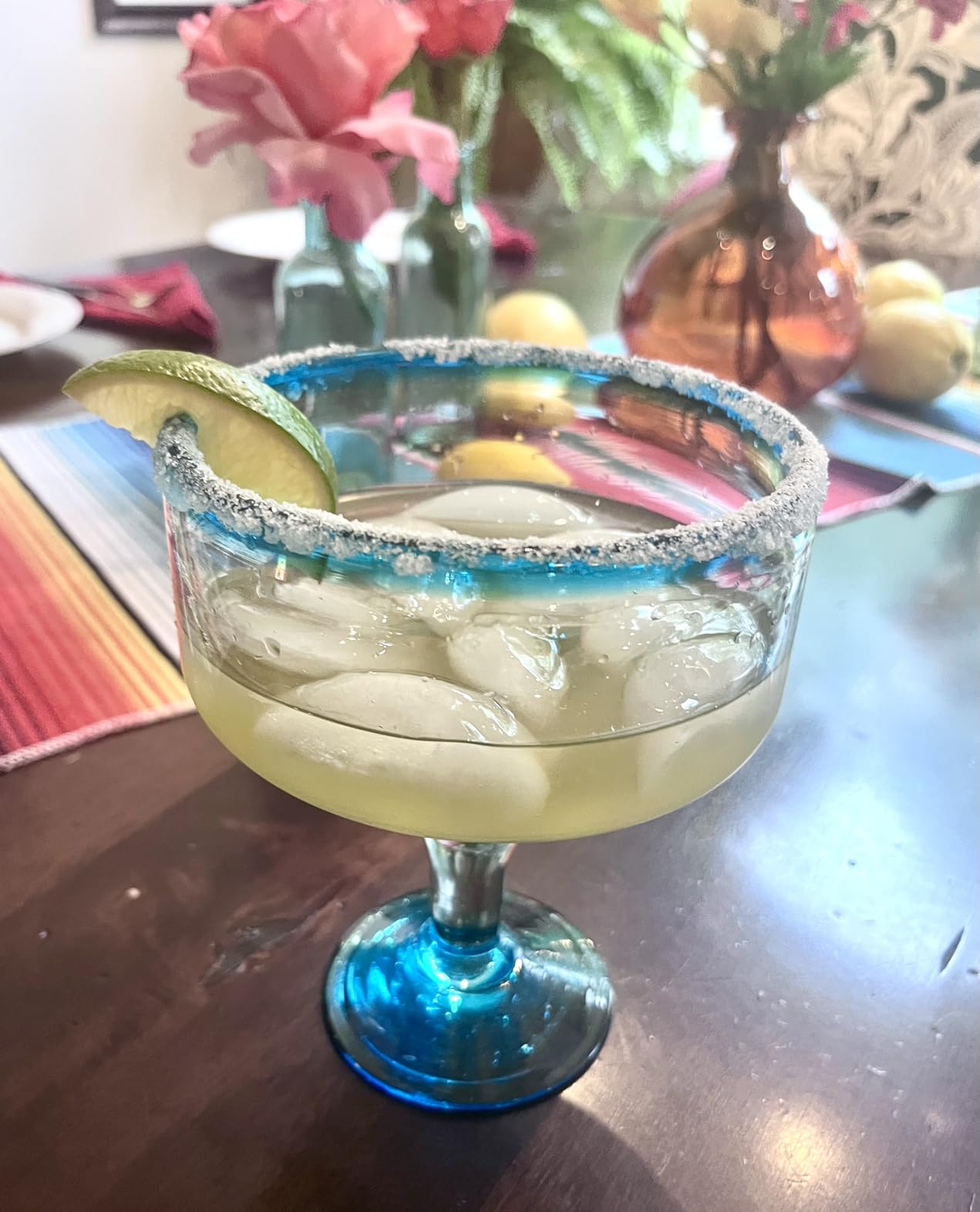Mexican Hand Blown Glass - Set of 4 Hand Blown Margarita Glasses (16 oz) with Aqua Blue Rims customer photo 1