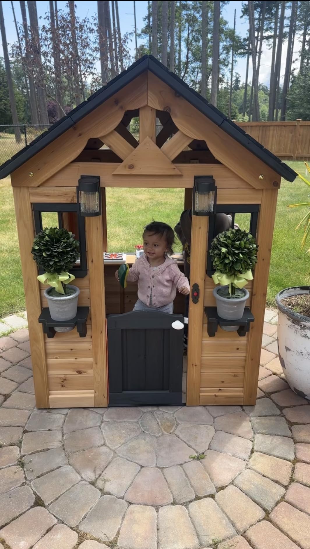 Backyard Discovery Sweetwater Cedar Wooden Kids Playhouse Cottage with Play Kitchen, Snack Bar, Half Door, Toy Phone, Windows, Flowerpot Holders, and Working Doorbell for Outdoor Imaginative Play customer photo 2