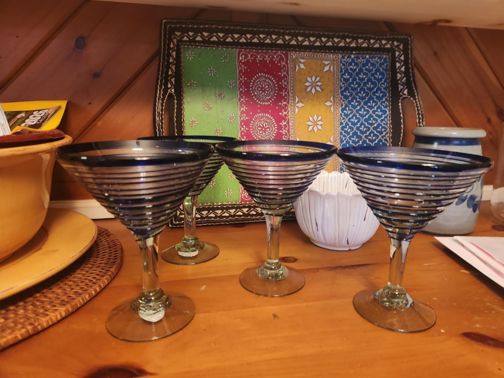 Mexican Hand Blown Glass - Set of 4 Hand Blown Modern Margarita Glasses - Blue Spiral (12 oz) customer photo 1