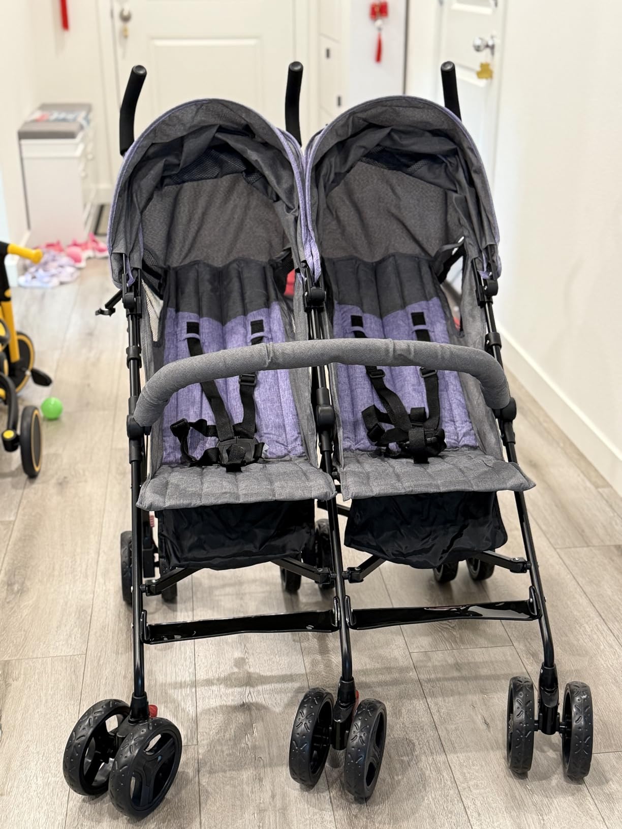 Dream On Me Volgo Side-by-Side Twin Umbrella Toddler Stroller, Black, 5 Point Safety Harness, Smooth Swivel Wheels, Lightweight, Adjustable Double Canopy, Storage Basket, 40 Lb Limit Each Seat customer photo 1