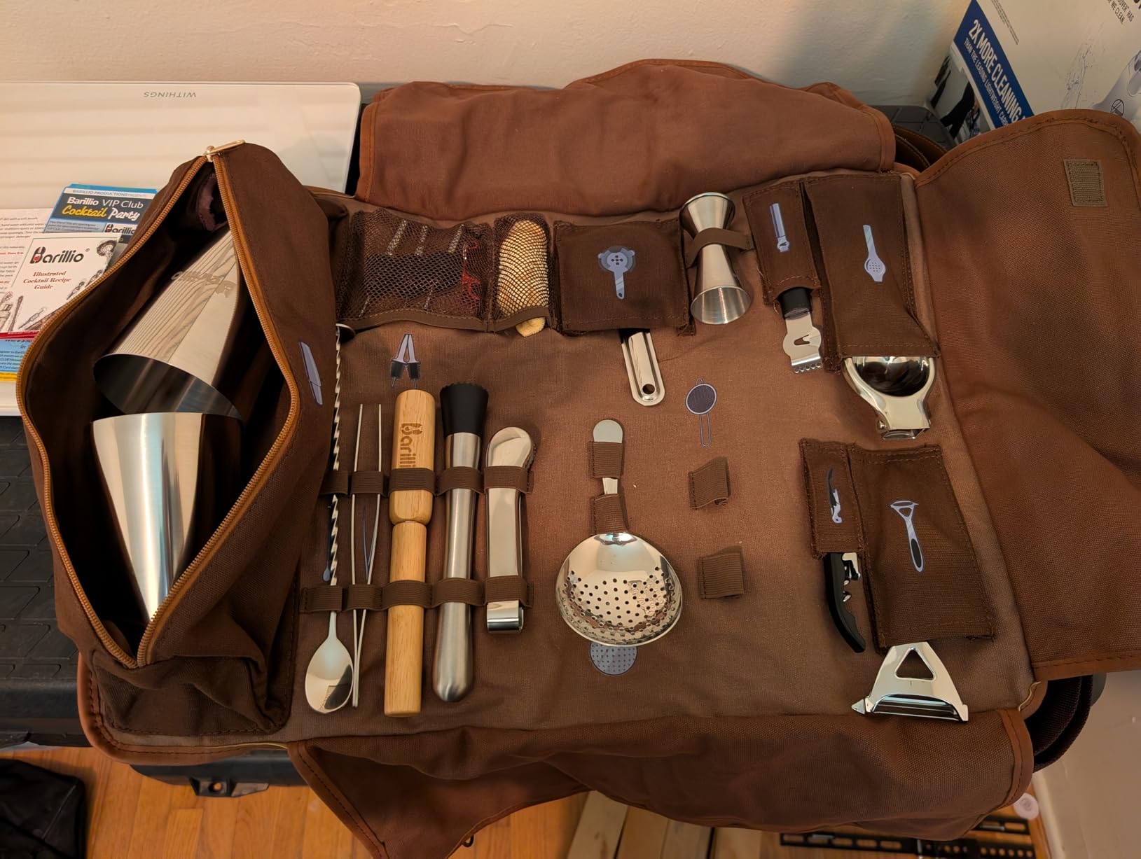Barillio Bartender Kit Bag with Cocktail Shaker Set - Waxed Canvas, Traveling Bar Tools Bag with 17-Pc Cocktail Kit - Travel Mixology Bartending Kits - Mobile Bar Roll with Strap & Accessories customer photo 1