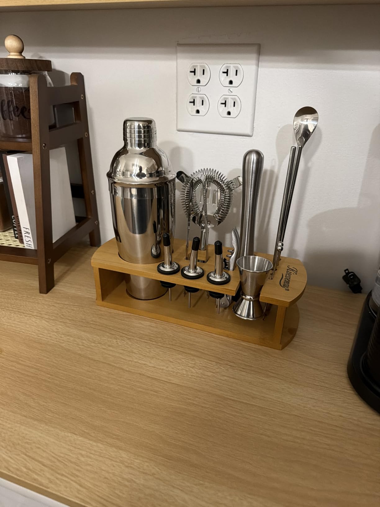 KITESSENSU Cocktail Shaker Set Bartender Kit with Stand | Bar Set Drink Mixer Set with All Essential Accessory Tools: Martini Shaker, Jigger, Strainer, Mixer Spoon, Muddler, Liquor Pourers |Silver customer photo 1