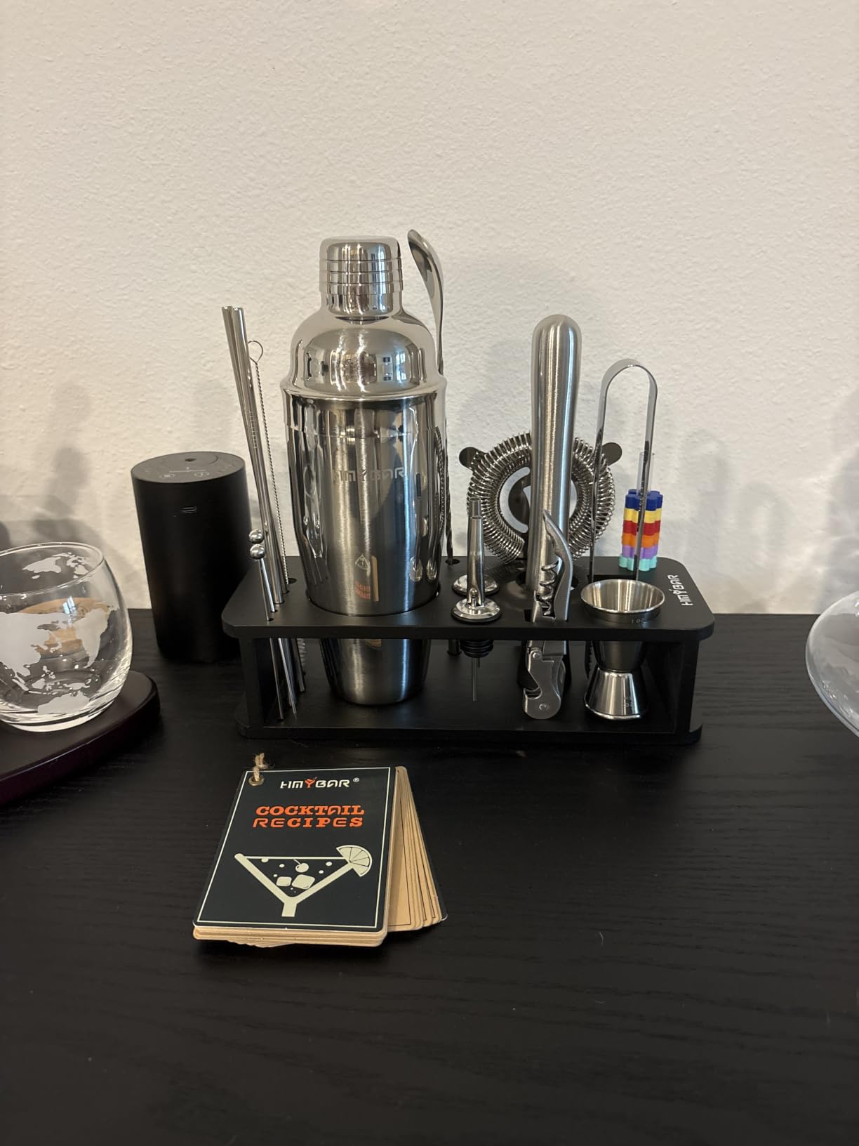 KITESSENSU Cocktail Shaker Set Bartender Kit with Stand | Bar Set Drink Mixer Set with All Essential Accessory Tools: Martini Shaker, Jigger, Strainer, Mixer Spoon, Muddler, Liquor Pourers |Silver customer photo 2
