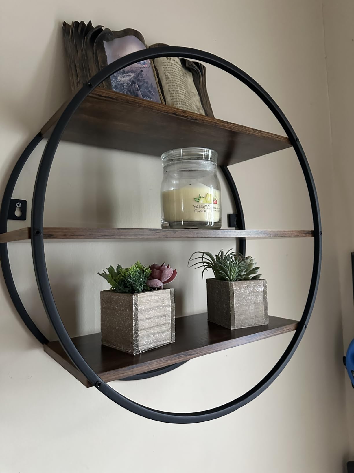 Circle Shelf Wall Decor, 3 Tier Decorative Round Wall Shelf | Geometric Circle Metal and Wood, Circular Wall Shelf for Bathroom and Living Room, Farmhouse Style Wall Decor, Rustic Brown customer photo 1