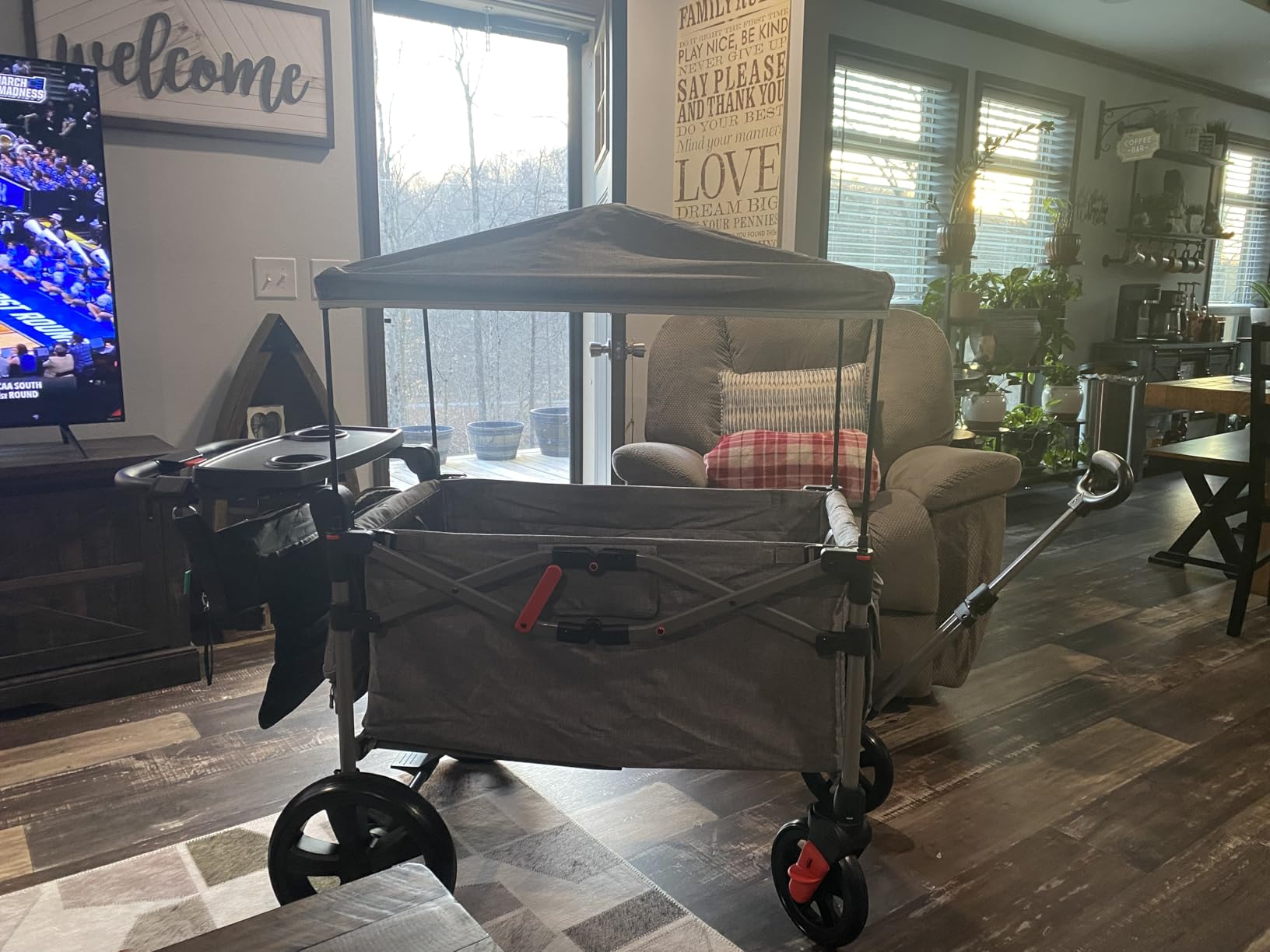 EVER ADVANCED Foldable Wagons for Two Kids & Cargo, Collapsible Folding Stroller with Adjustable Handle Bar, Removable Canopy with 5-Point Harness, Gray customer photo 1