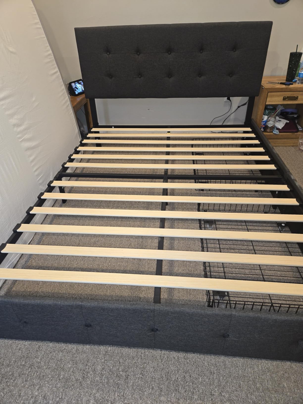 Allewie Queen Size Storage Bed Frame with 4 Underbed Drawers, Upholstered Platform Bed with Adjustable Headboard, Square Button Tufted, Easy Assembly, Noise-Free, No Box Spring Needed, Dark Grey customer photo 1
