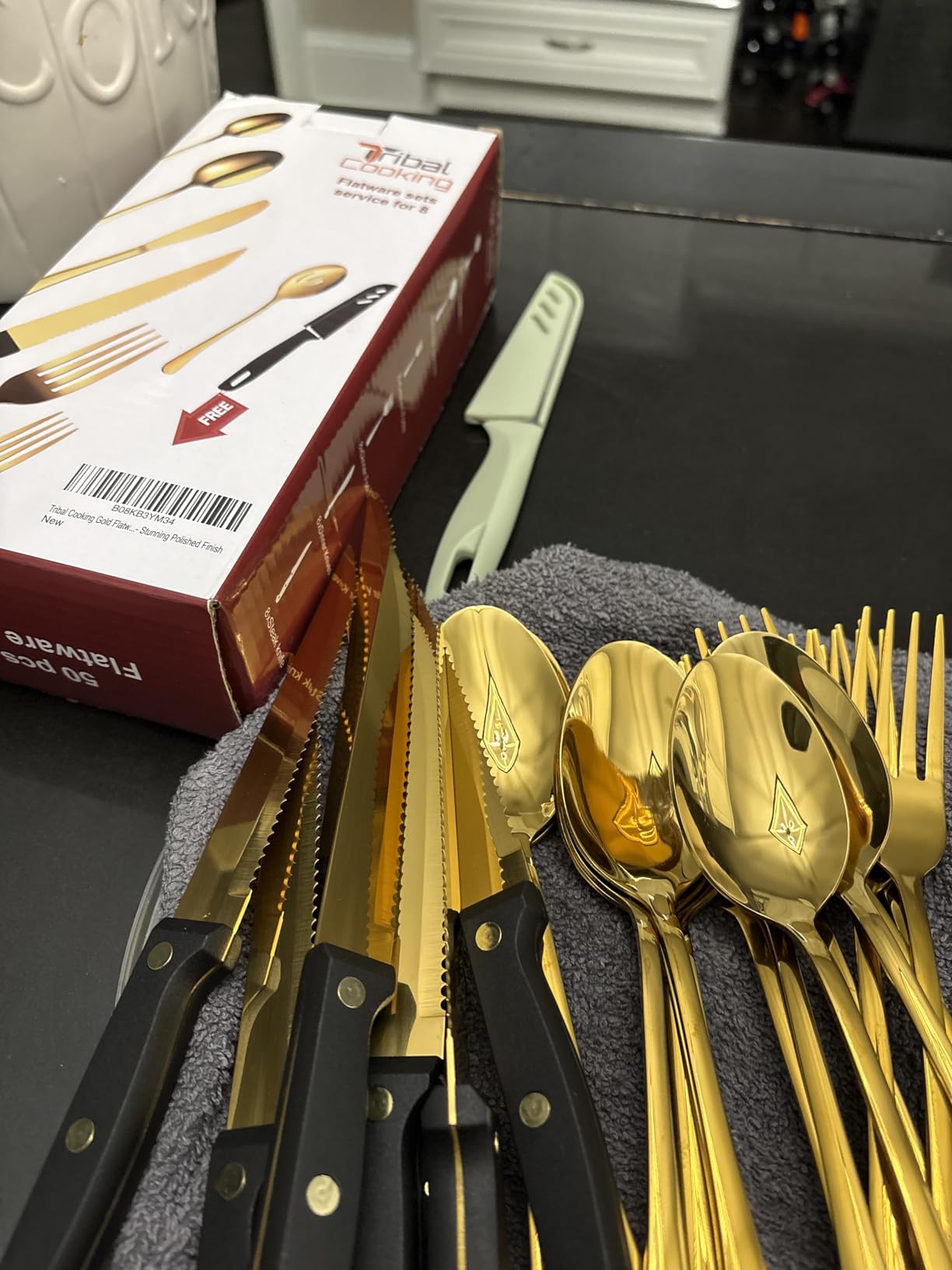 Tribal Cooking 49 Piece Gold Silverware Set - Service for 8 - Stainless Steel Gold Flatware serving set - Cutlery Set - Knives, Fork, and Spoon - Dishwasher Safe - Stunning Polished Finish customer photo 2
