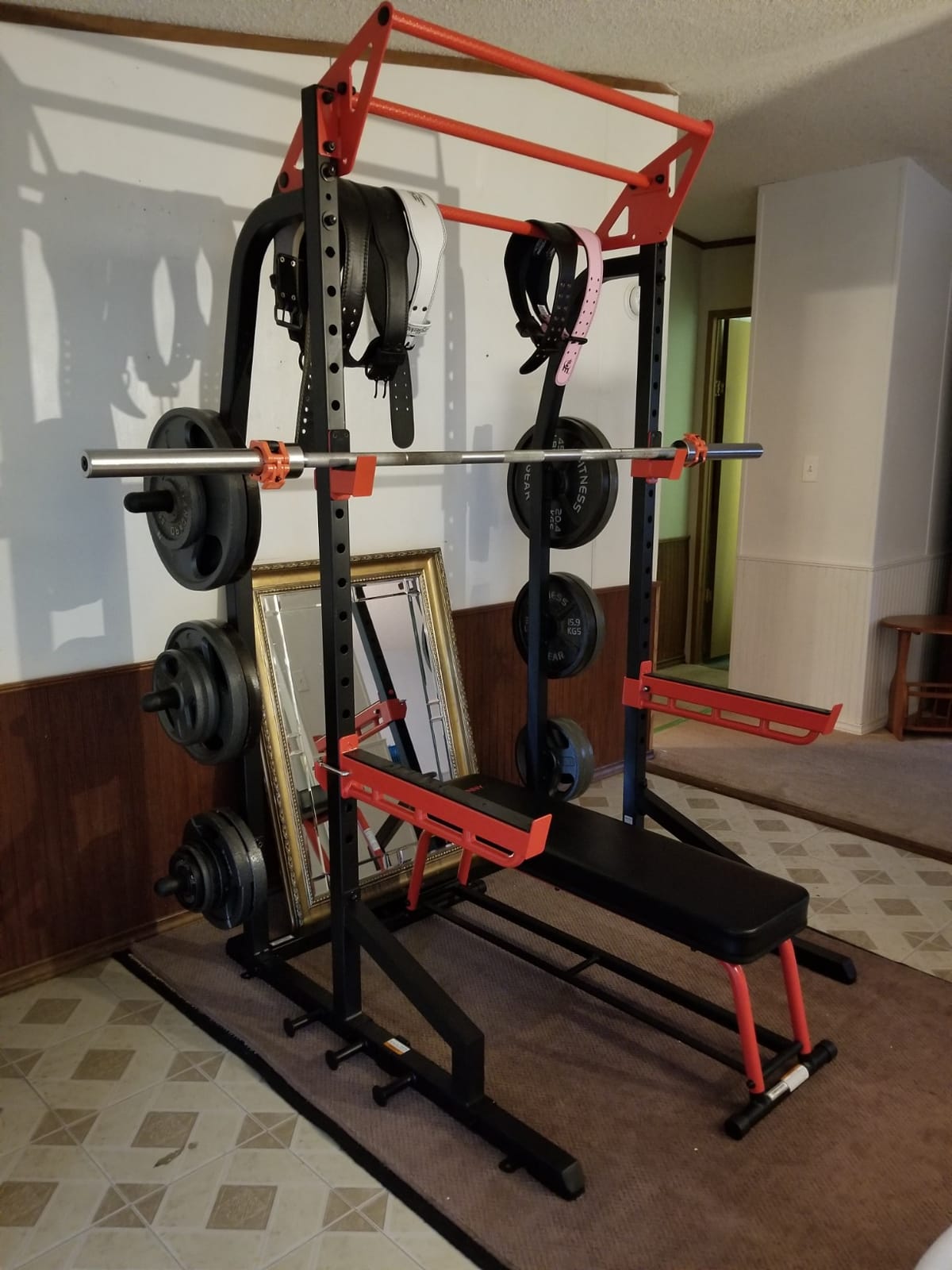 Sunny Health & Fitness Half Rack Cage with Adjustable Pull-Up Bar | 1000 lb Capacity, J-Hooks & Spotter Arms, 3-Way Pull-Up Bars, 7 ft Barbell Ready, 6 Plate Posts, Band Pegs, Bolt Anchors customer photo 2