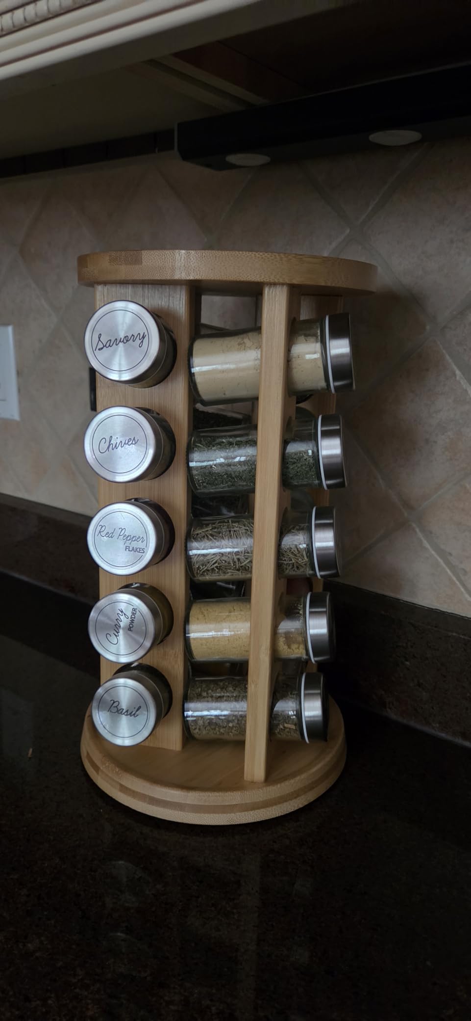 20 Jar Rotating Bamboo Spice Rack with Spices Included & 5-Year Free Spice Refill Program - Revolving Countertop Spice Rack with Glass Jars customer photo 1