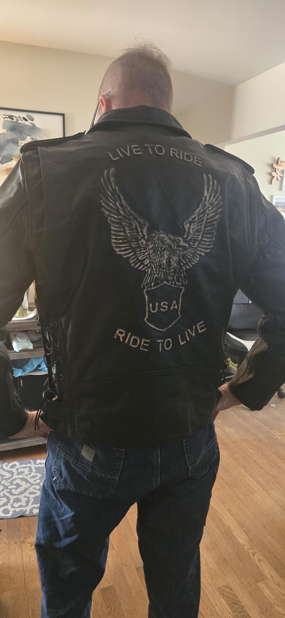 Men's Eagle Embossed Live To Ride - Ride To Live Classic Black Leather Motorcycle Biker Jacket customer photo 2