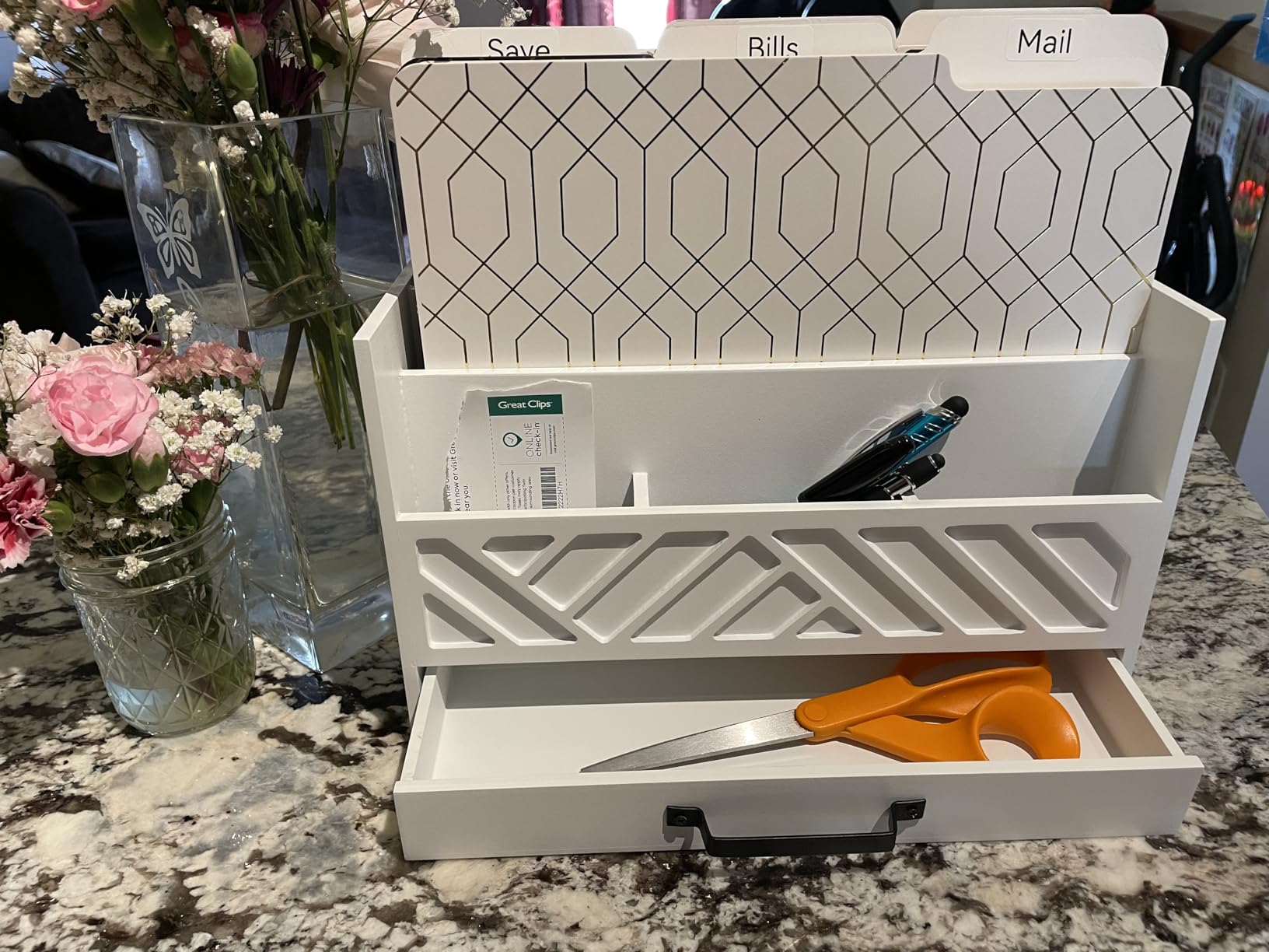 BLU MONACO | Wooden Mail Organizer with Drawer | Mail Organizer Countertop with 6 Compartments | Bill Holder for Desk | White Desktop Mail Sorter customer photo 1