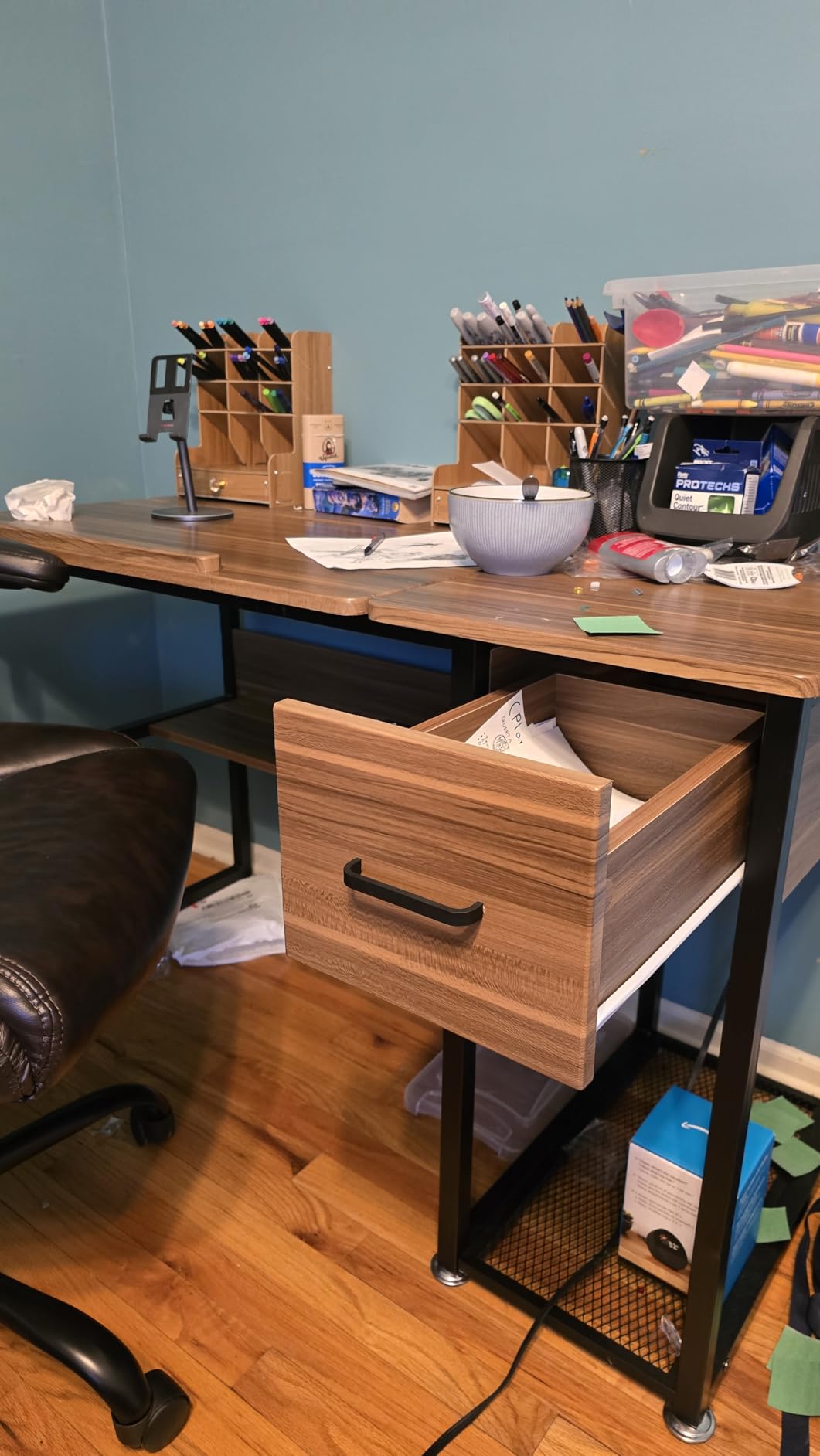 Tribesigns Drafting Table with Storage Drawers, Drawing Computer Desk Artist Craft Table Painting Desk Workstation with Shelves and Tiltable Tabletop for Students, Home Office customer photo 2