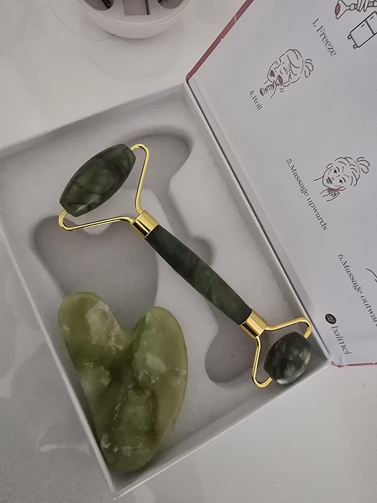 BAIMEI IcyMe Gua Sha & Jade Roller Set, Cooling Face Roller & Guasha Tool for Face Depuffing, Facial Sculpting & Jawline Definition, Smooth Rolling Skincare Tools Gifts for Women & Men - Green customer photo 1