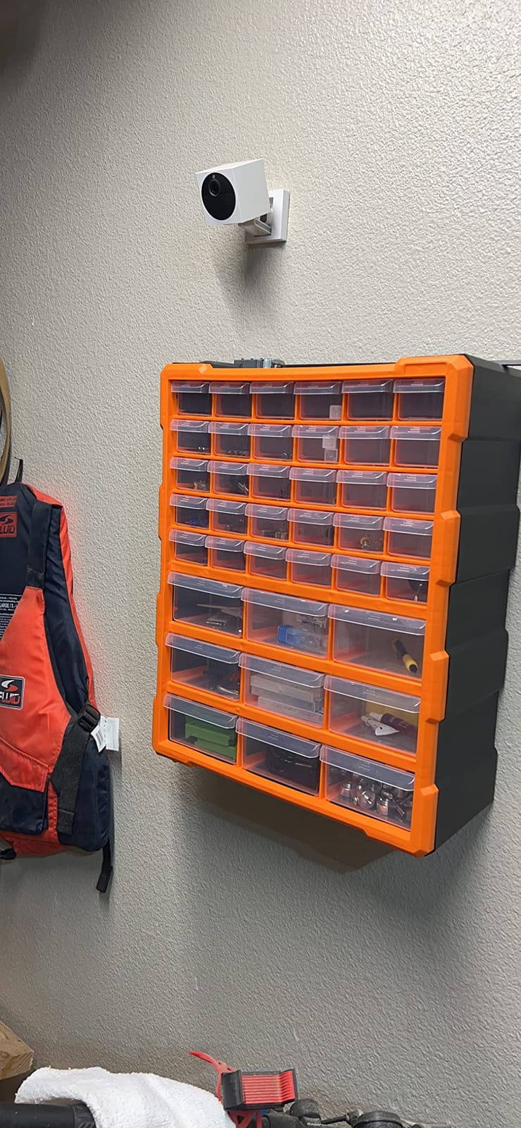 Amazon Basics Wall Mount Hardware and Craft Storage Cabinet Organizer with 39 Drawers, Plastic Garage Organization System with Dividers for Small Parts, Black, Orange, 15