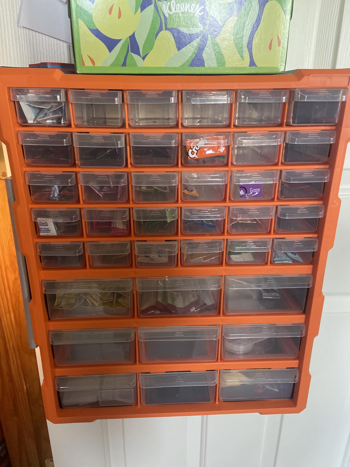 Amazon Basics Wall Mount Hardware and Craft Storage Cabinet Organizer with 39 Drawers, Plastic Garage Organization System with Dividers for Small Parts, Black, Orange, 15