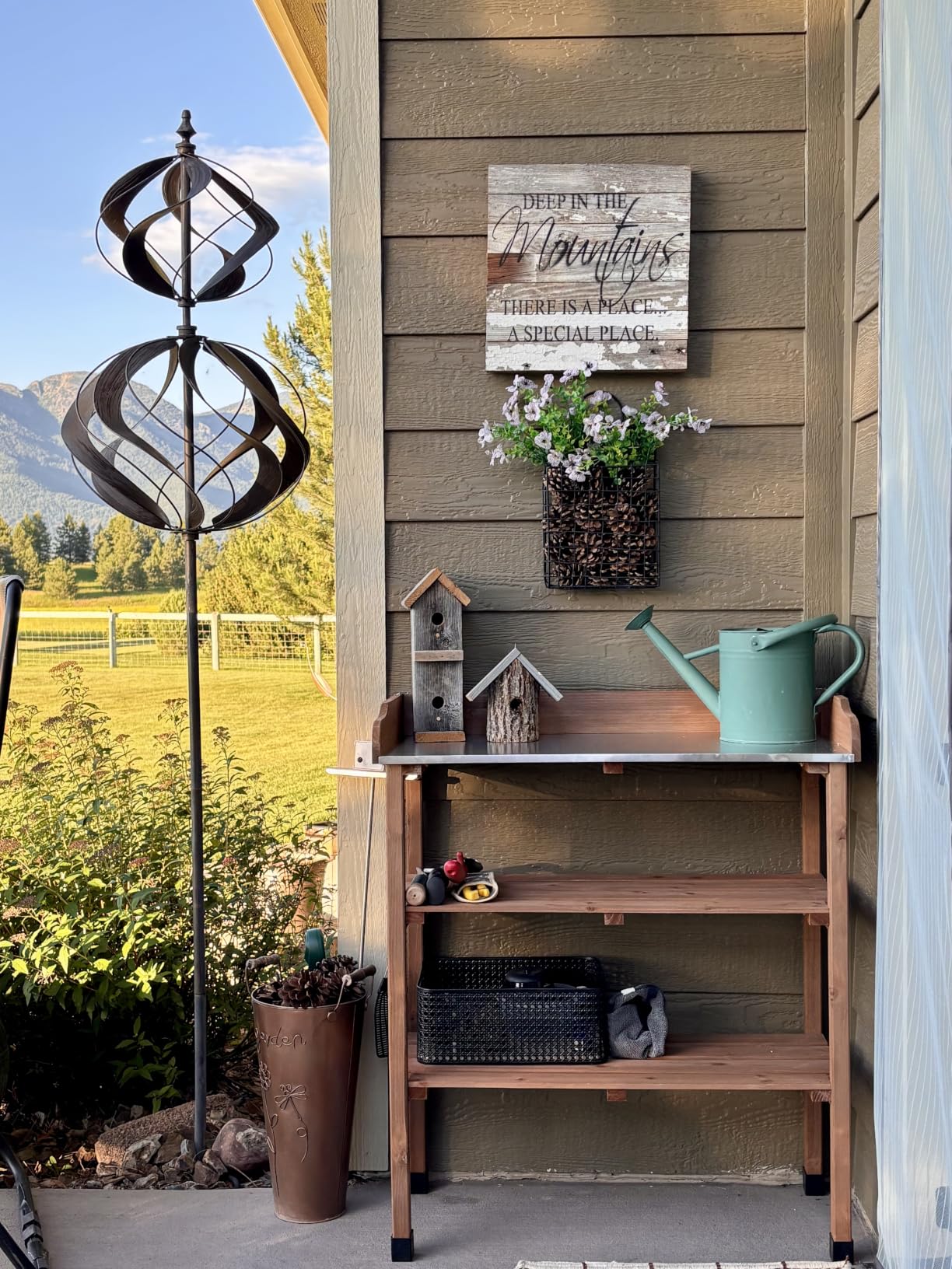 Yaheetech Potting Bench Outdoor Console Table w/3-Tier Storage,Natural Wood | Metal tabletop, 3-tier storage shelves with hooks, outdoor gardening table for planting, potting and organizing garden tools. customer photo 1