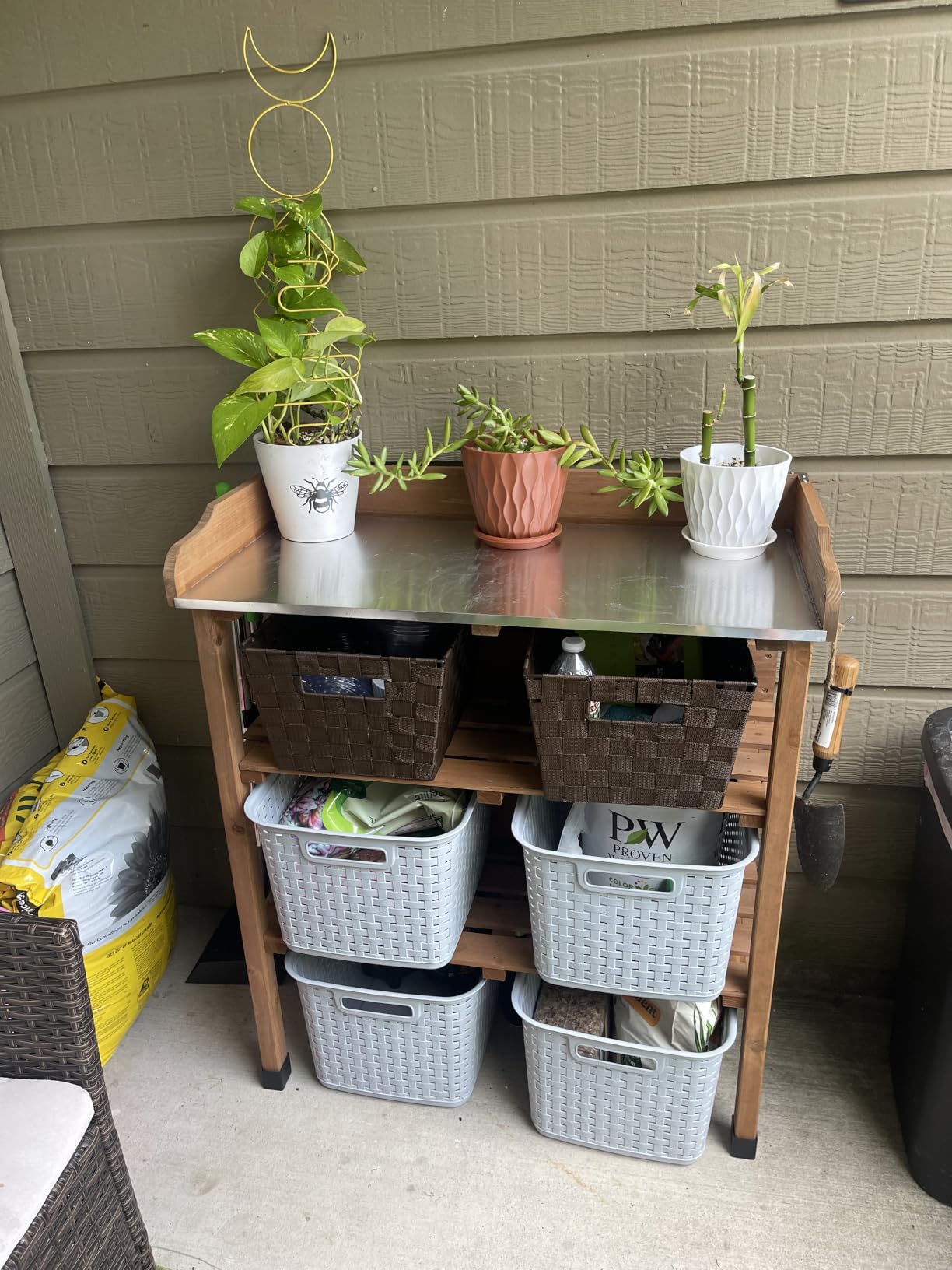 Yaheetech Potting Bench Outdoor Console Table w/3-Tier Storage,Natural Wood | Metal tabletop, 3-tier storage shelves with hooks, outdoor gardening table for planting, potting and organizing garden tools. customer photo 2