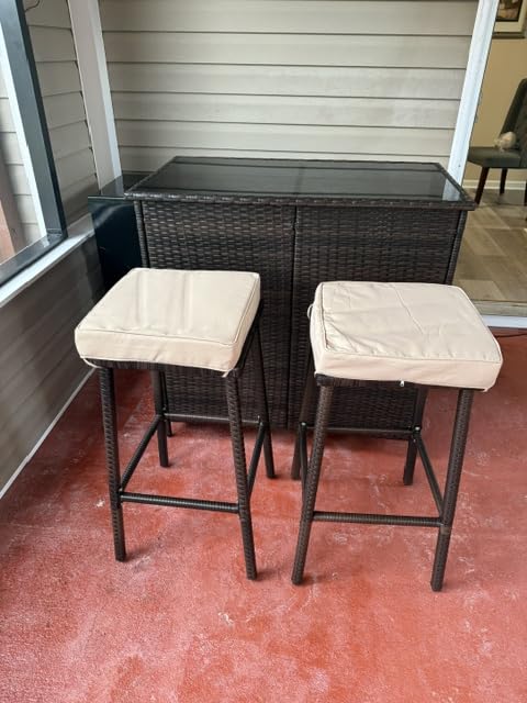 Yaheetech 3pcs Outdoor Bar Set, Patio Wicker Bar Furniture with 2 Storage Shelves, Glass Top Table, Cushions and Two Stools, Brown/Khaki customer photo 1
