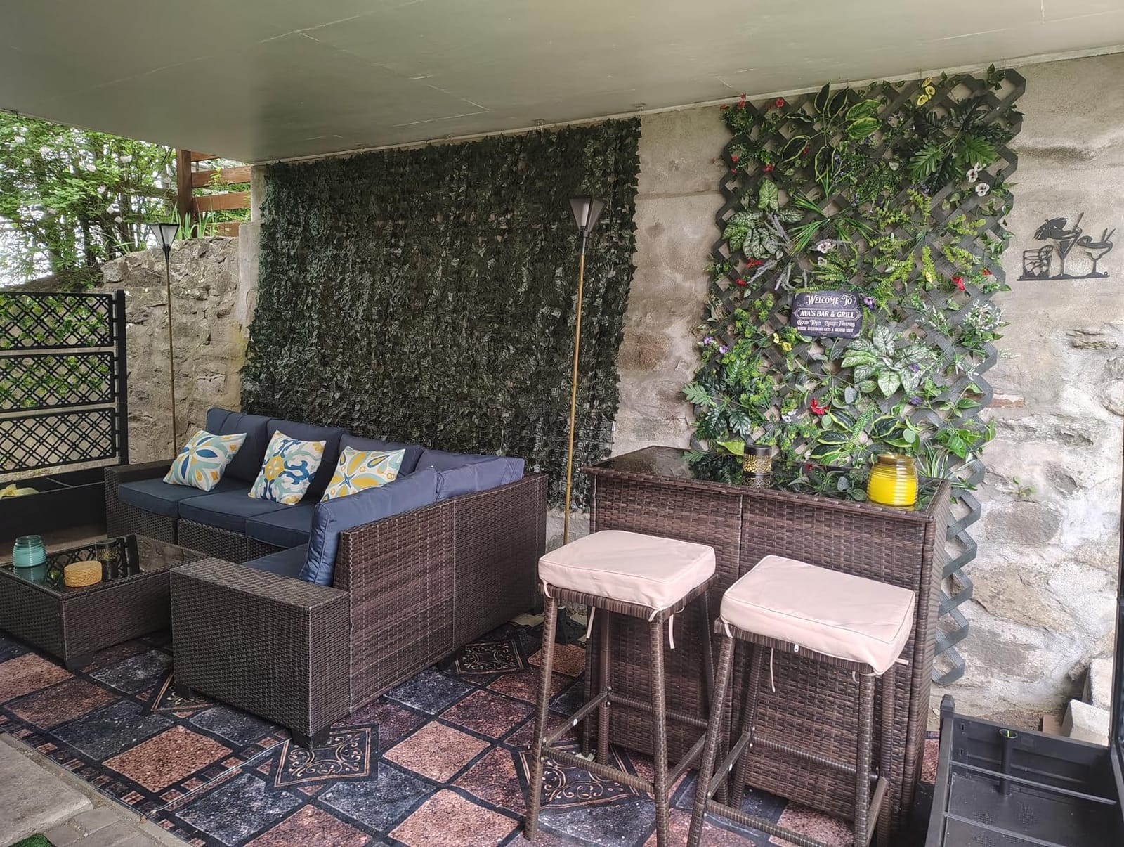 Yaheetech 3pcs Outdoor Bar Set, Patio Wicker Bar Furniture with 2 Storage Shelves, Glass Top Table, Cushions and Two Stools, Brown/Khaki customer photo 2