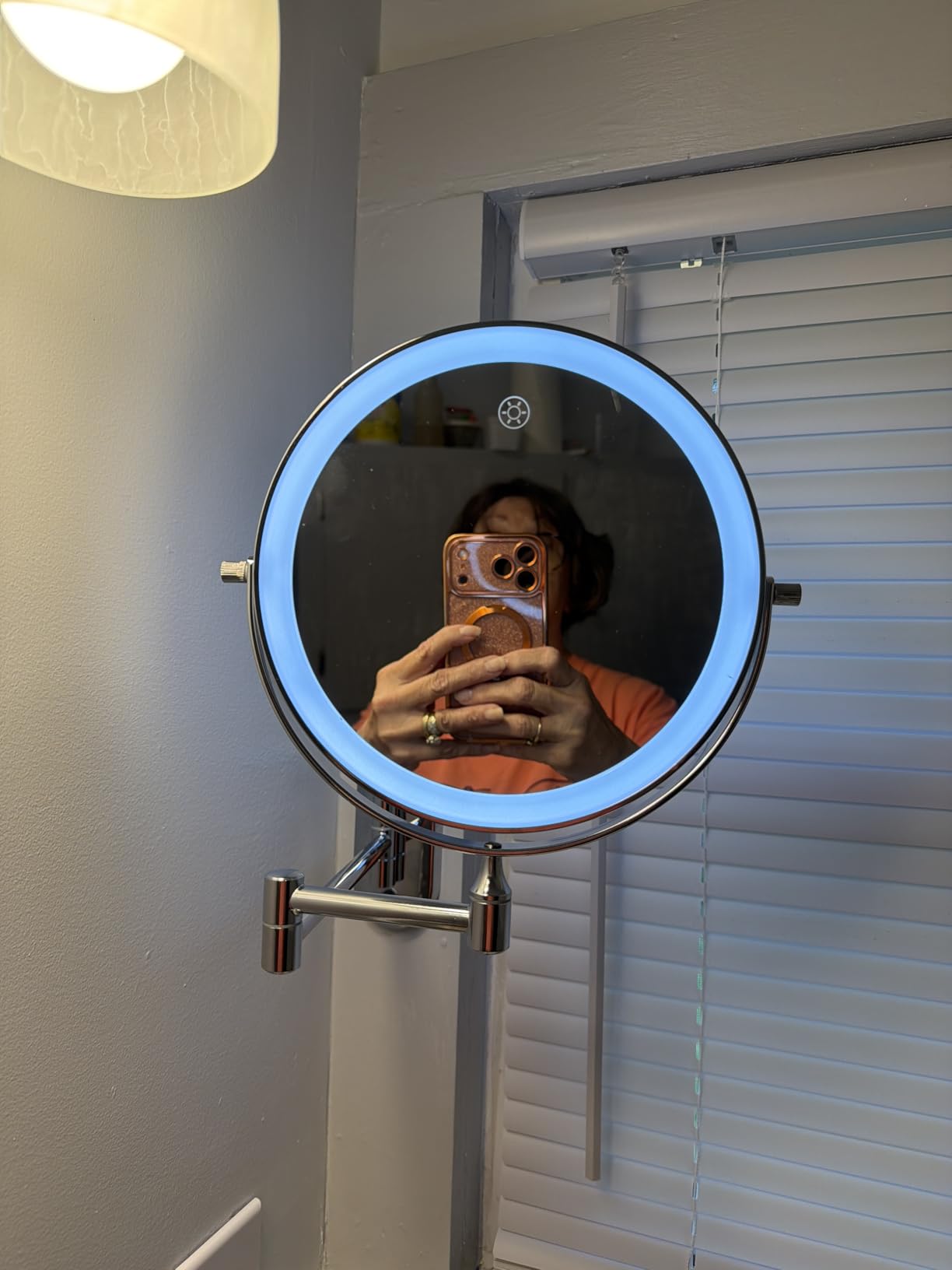 FUNTOUCH 5000mAh Rechargeable Wall Mounted Lighted Makeup Vanity Mirrors, Double Sided 1X 30X Magnifying, 3 Color Lighting, Touch Screen Dimming, Extended Arm 360 Rotation Shaving Bathroom Mirror customer photo 2