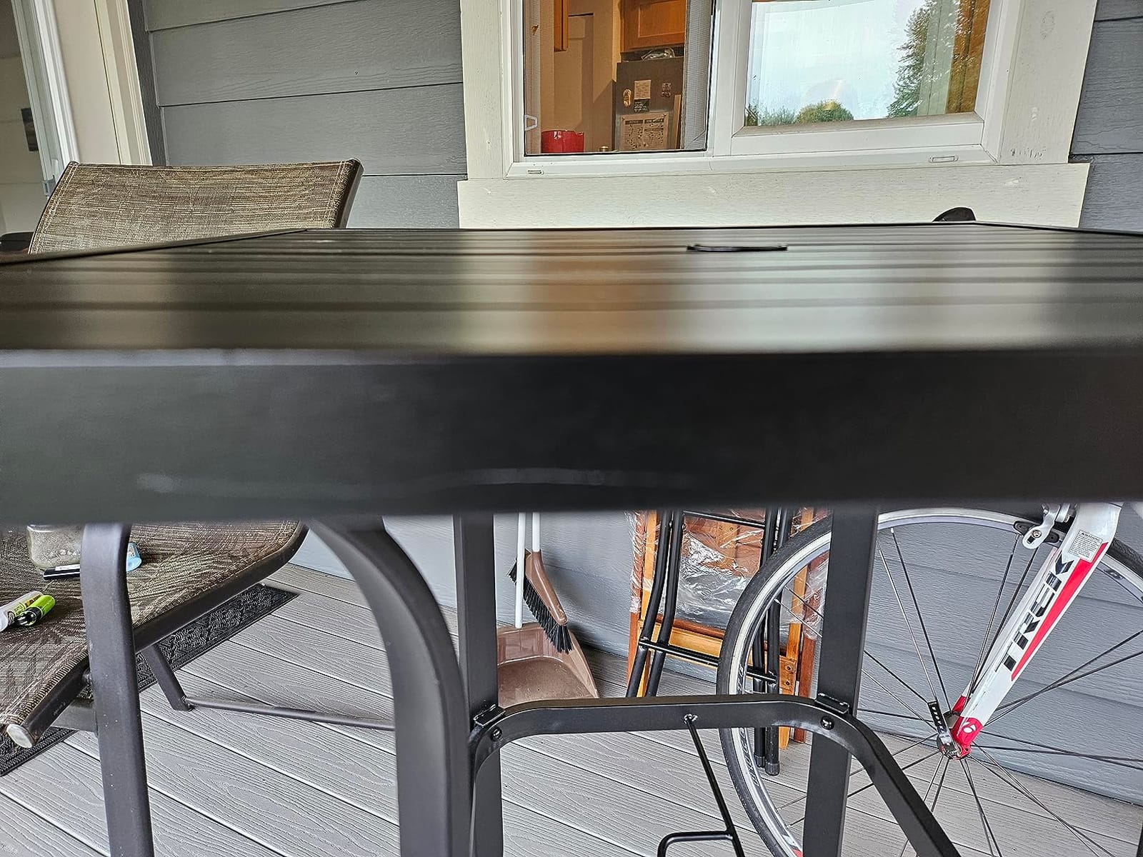 Patio Height Bar Table, Outdoor Bistro Square High Top Dining Table with 1.57'' Umbrella Hole & Steel Slat Table Top (Black) customer photo 1