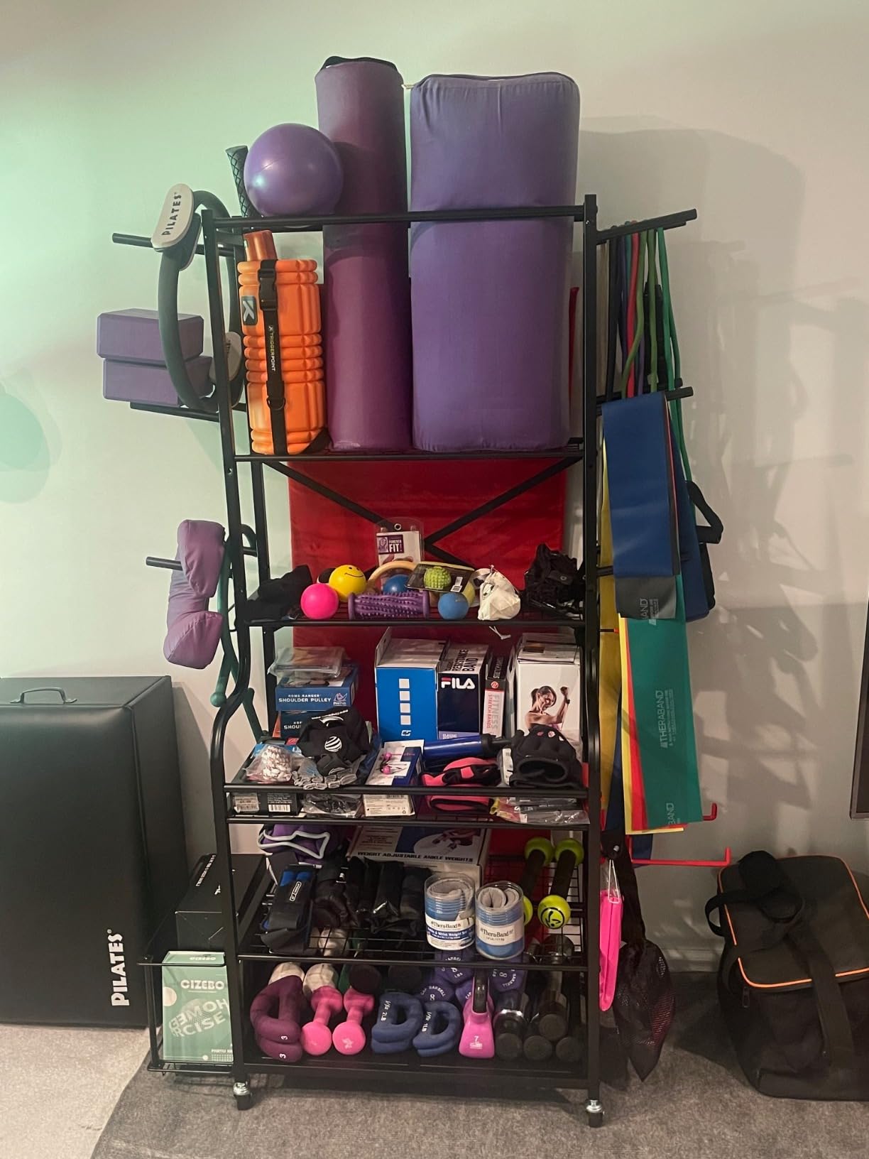 Mythinglogic Home Gym Rack for Dumbbells, Yoga Mats and Workout Equipment | All-in-one storage for dumbbells, kettlebells, yoga mats and fitness gear with metal shelves, hooks and locking wheels customer photo 2