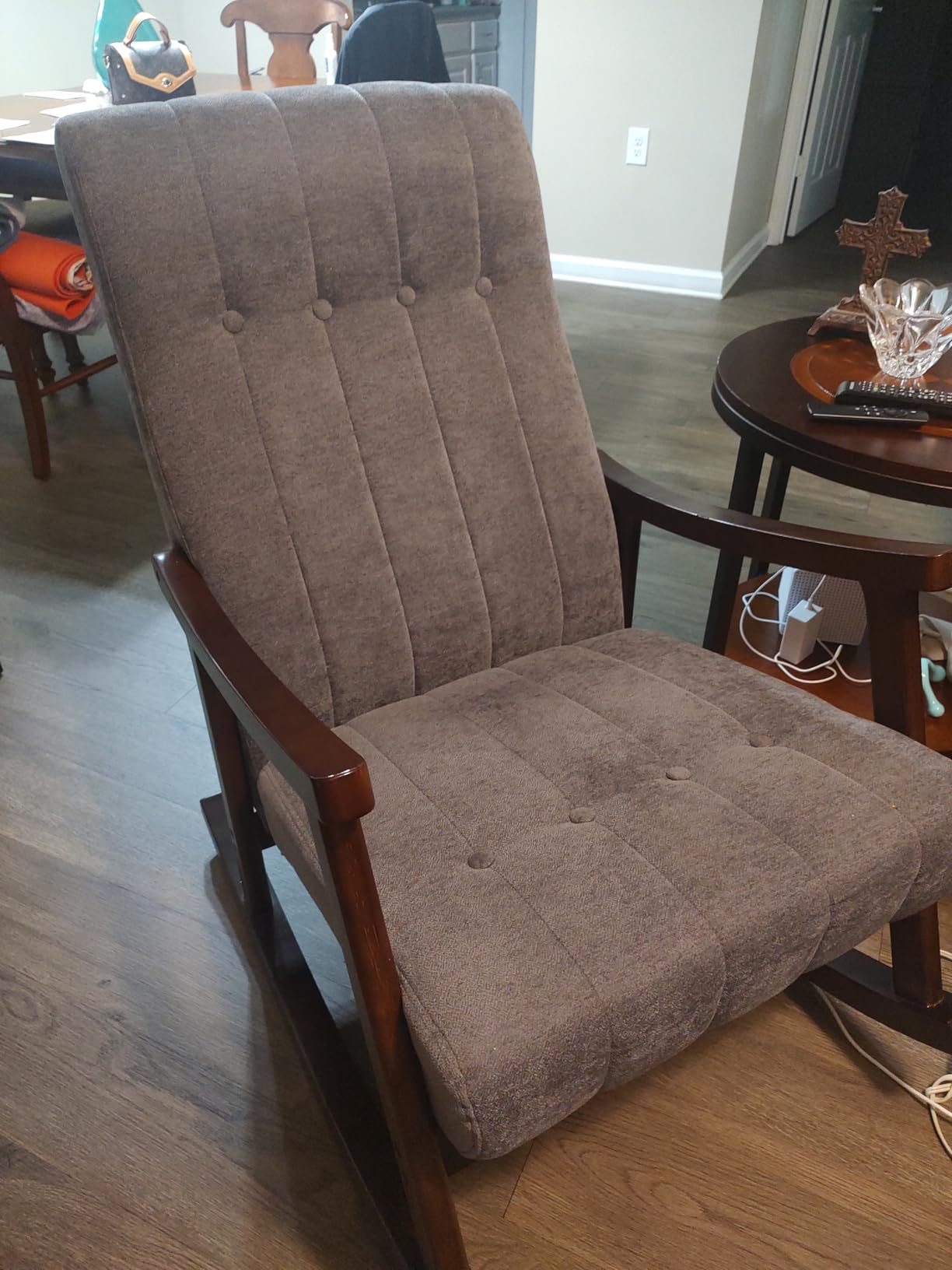 AVAWING Rocking Chair, Dark Grey Upholstered High Back Solid Wood Armchair | Soft Fabric Padded Seat; Sturdy Solid Wood Frame; Ergonomic High Back; For Adults; Easy Assembly; Living Room Bedroom Leisure customer photo 1