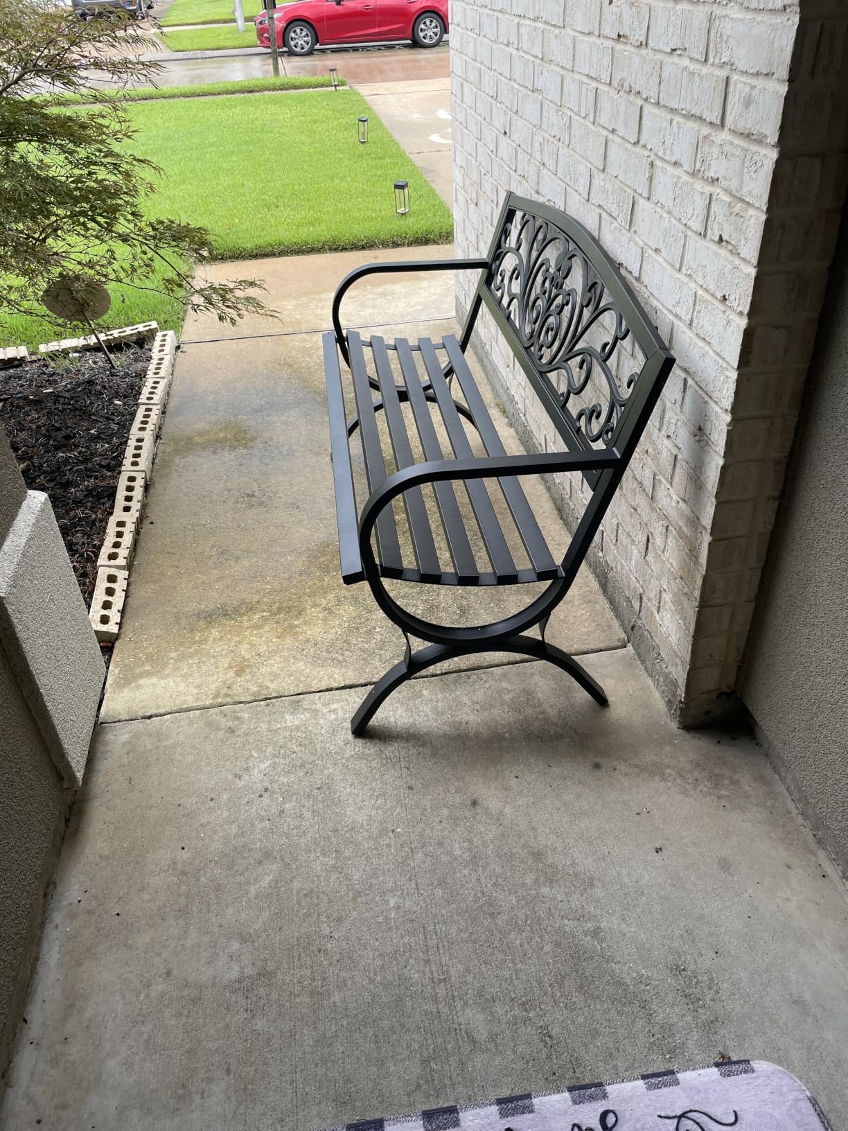 Garden Bench,Outdoor Benches,Iron Steel Frame Patio Bench with Mesh Pattern and Plastic Backrest Armrests for Lawn Yard Porch Work Entryway,Black customer photo 1