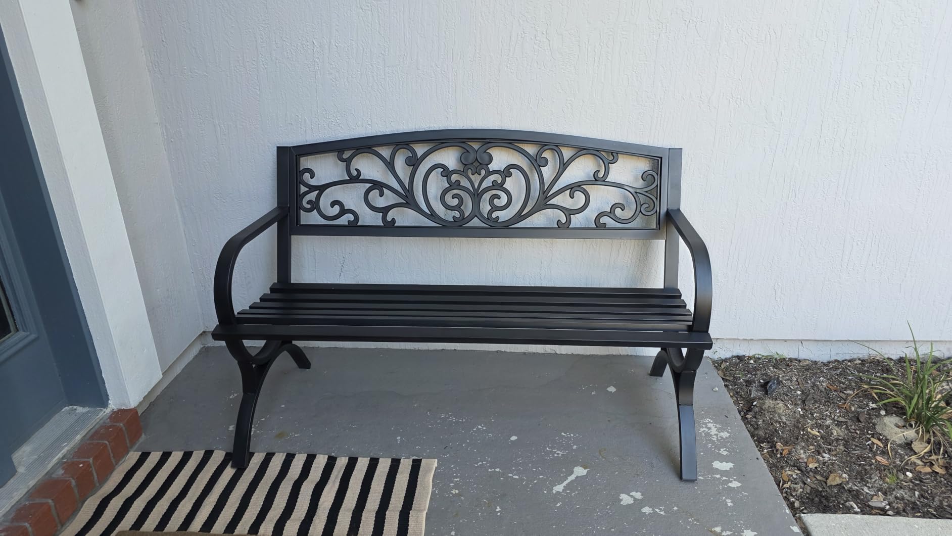 Garden Bench,Outdoor Benches,Iron Steel Frame Patio Bench with Mesh Pattern and Plastic Backrest Armrests for Lawn Yard Porch Work Entryway,Black customer photo 2