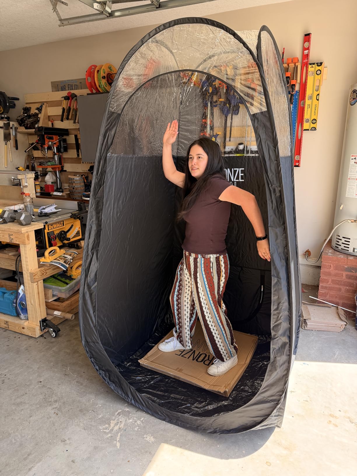 Bronze Tan Portable Pop Up Spray Tan Tent Booth with Carrying Case, Black | Waterproof pop-up booth for salons and mobile spray tan artists, with a black interior, fold-flat design, and carrying case. customer photo 1