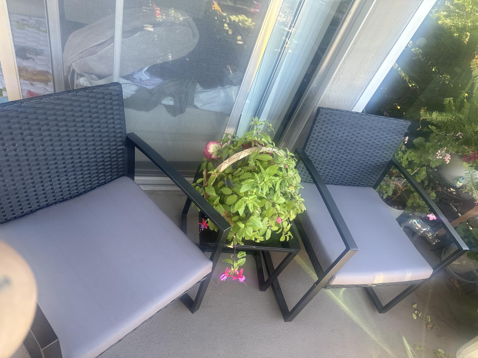 Qsun 3 Pieces Patio Furniture Set Rocking Bistro Set Outdoor Rattan Conversation with Coffee Table for Garden Balcony Backyard Poolside (Grey Cushion) customer photo 1