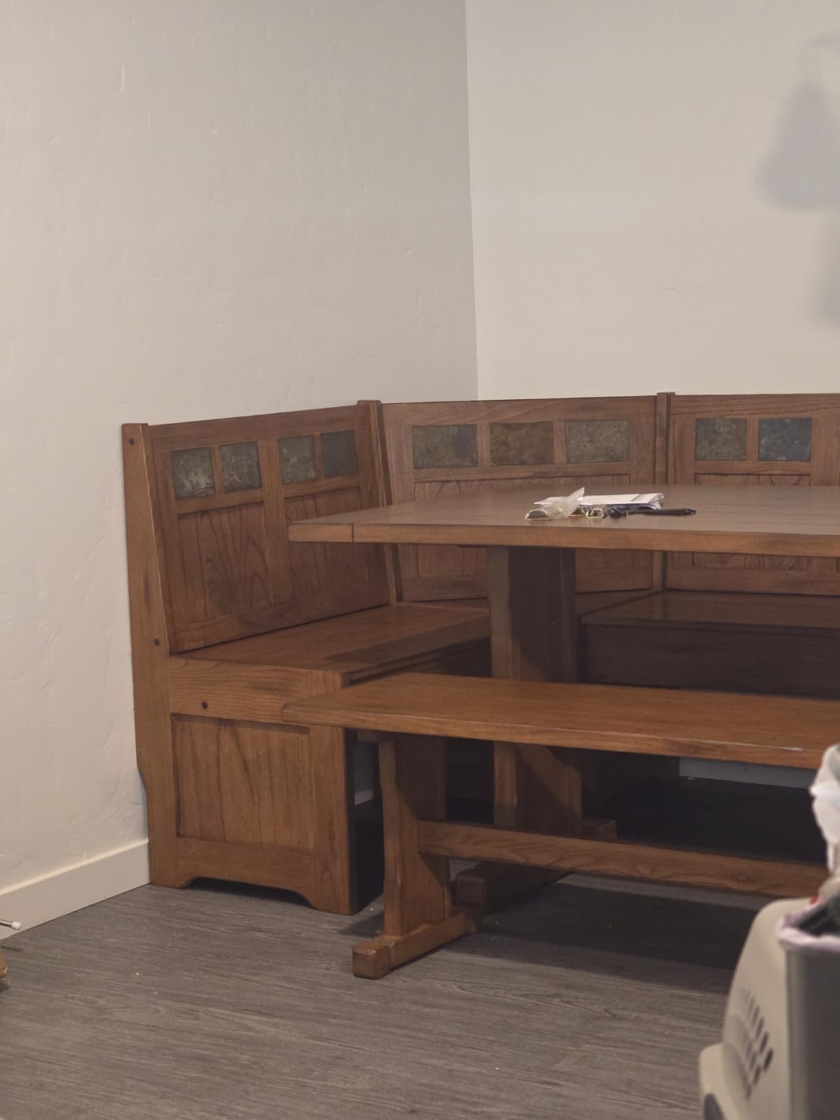 Pemberly Row Farmhouse Wood Kitchen Corner Breakfast Dining Nook Set with Table, Reversible Bench, and Hidden Storage in Rustic Oak customer photo 2
