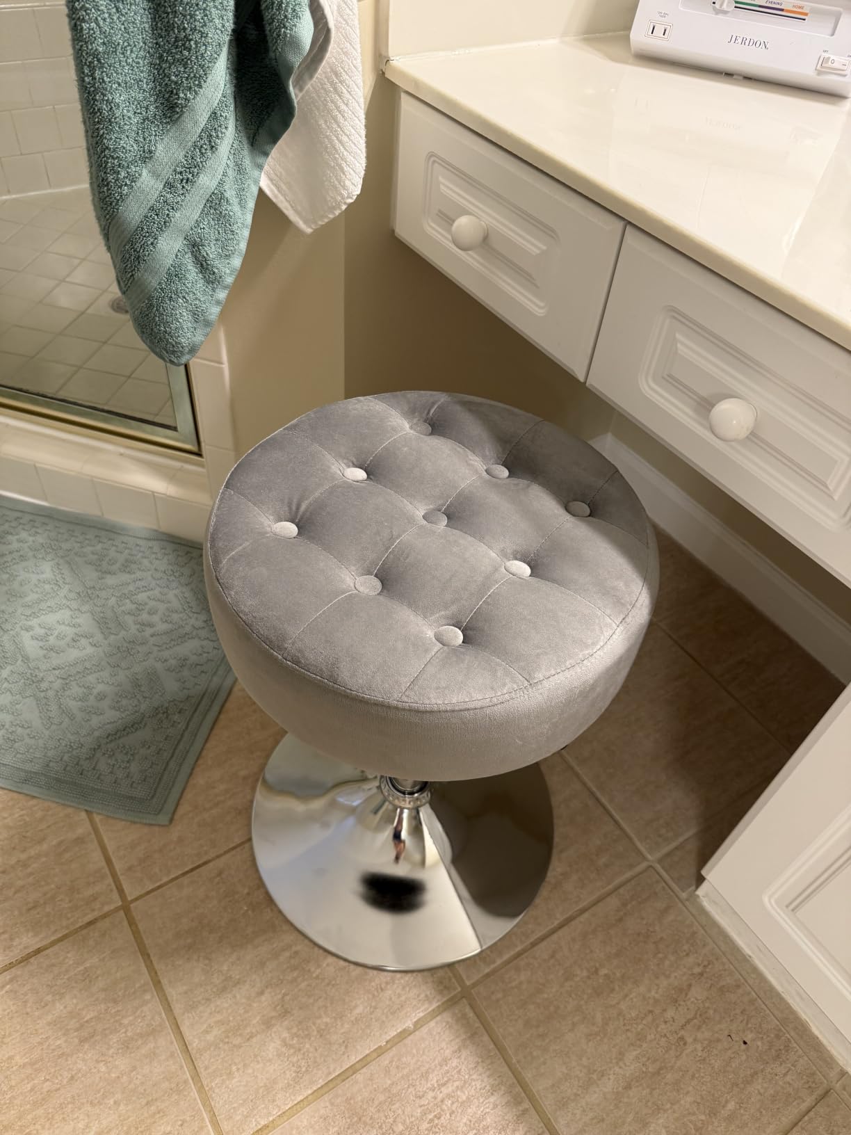 Mid-Century Tufted Adjustable Swivel Makeup Ottoman Stool; Modern Big Size Round Vanity Stool Chair for Bedroom Living Room (White) customer photo 2