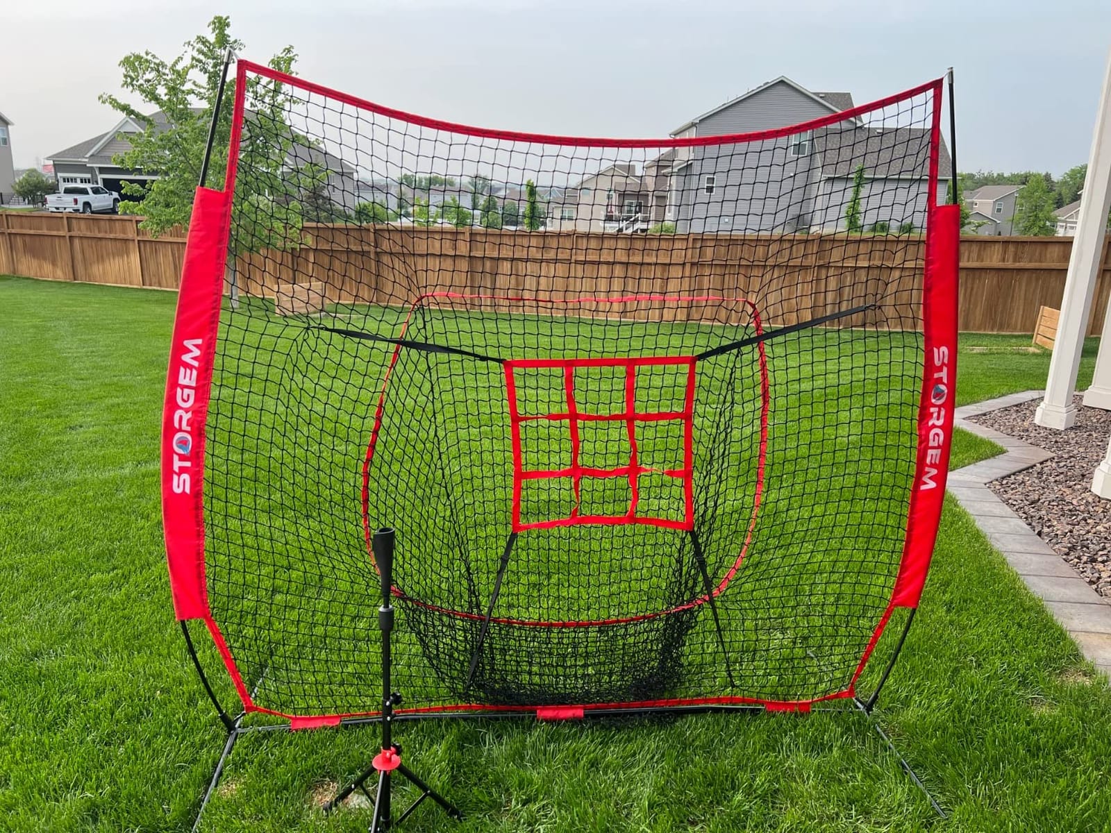 Storgem Baseball and Softball Practice Net 7x7ft Portable Hitting Pitching Batting Training Net Baseball Backstop Net with Batting Tee and Strike Zone and Bow Frame customer photo 1