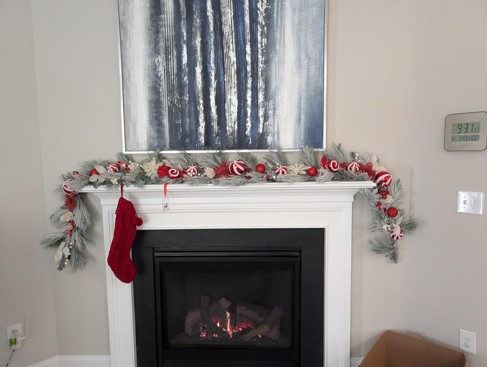 WANNA-CUL Pre-Lit 9ft Christmas Garland with Lights 50 LED Red White Bauble | Snow Flocked Battery Operated Lighted Garland with Candy Cane Ornaments customer photo 1