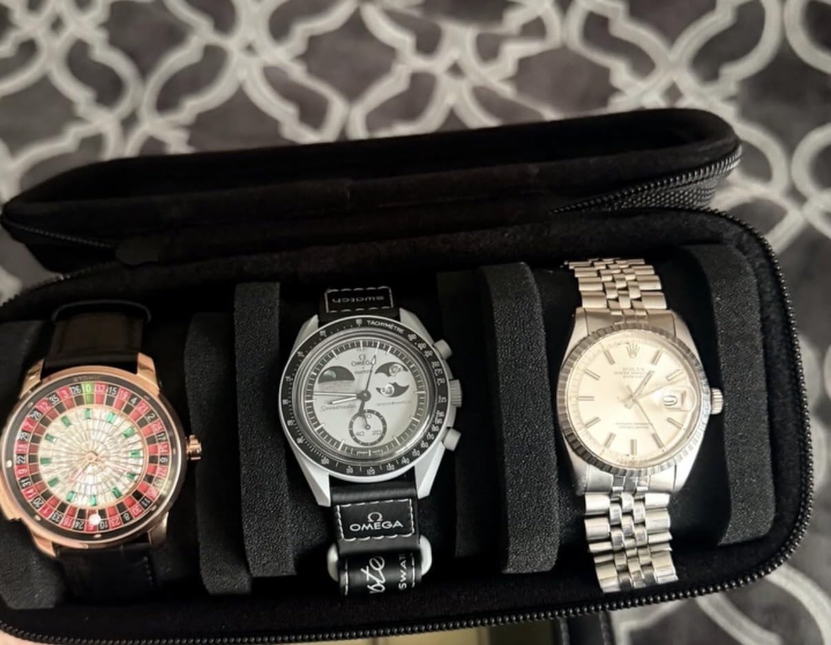 3 Slot Hard Watch Travel Case, Watch Roll Case Storage and Organizer for Men and Women, with anti-move watch pillow (Black fabric 3Slots) customer photo 1
