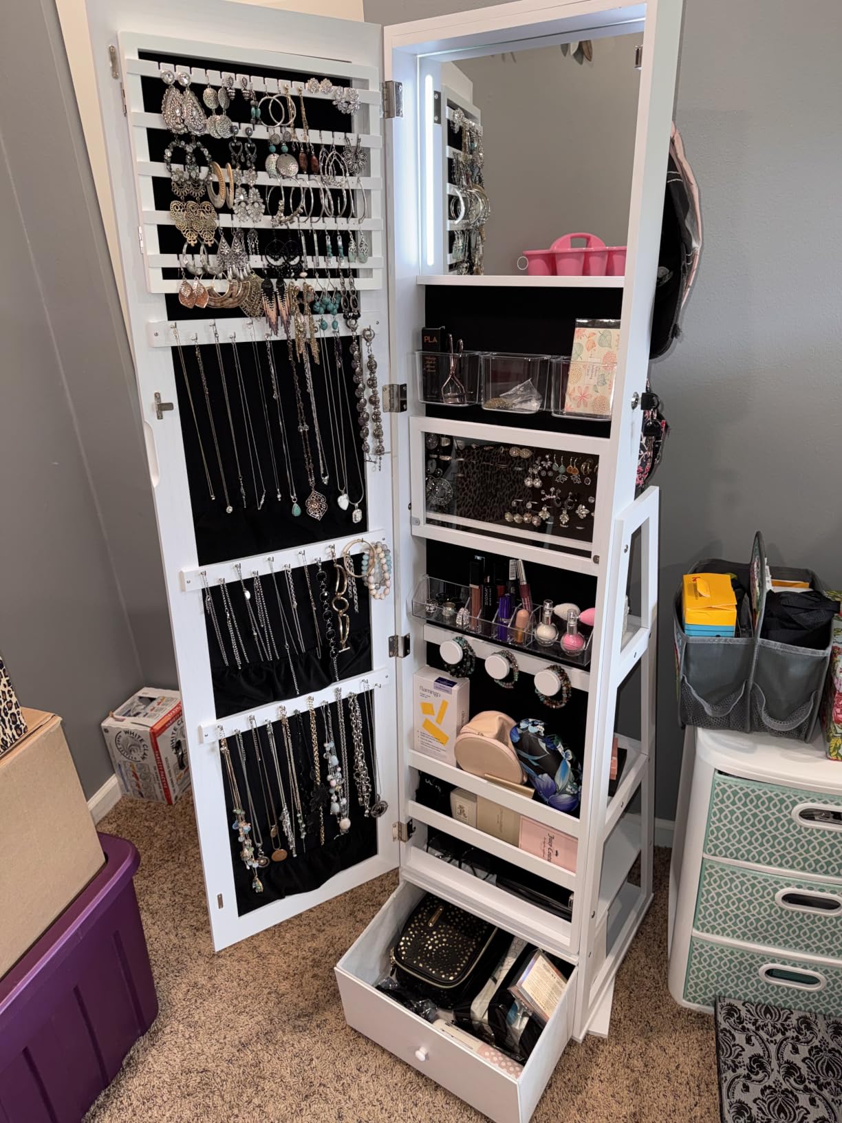 360° Swivel Jewelry Cabinet with Lights, Touch Screen Vanity Mirror, Rotatable Full Length Mirror with Jewelry Storage, Standing Jewelry Armoire Organizer, Foldable Makeup Shelf, White with Grain customer photo 1