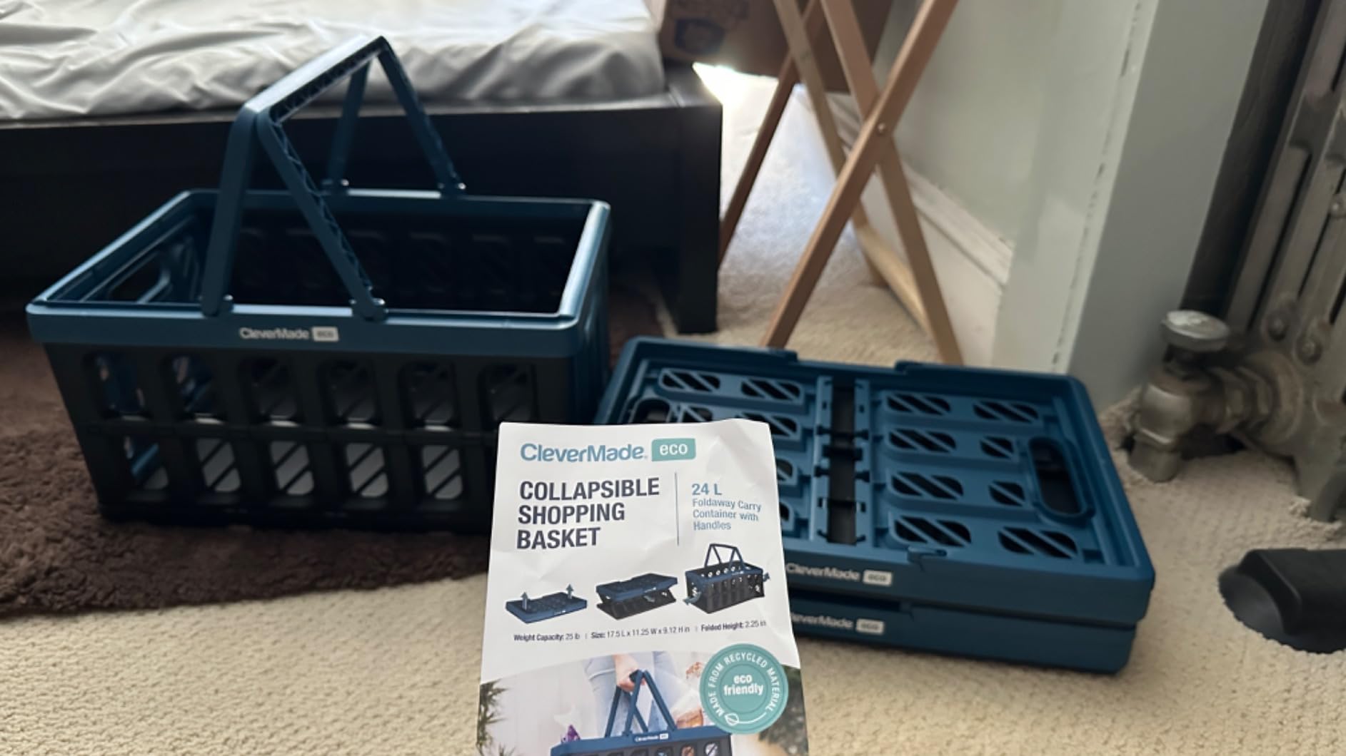 CleverMade Eco Collapsible Shopping Basket with Handles, 24L Ocean, 3 Pack | Keep Groceries Upright in the Car | Rigid Walls Carry 25 lb Each, Stack Securely, and Fold to 2.25 Inches for Storage customer photo 1