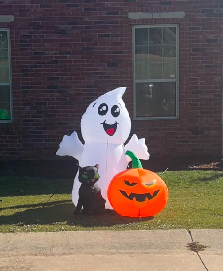 Halloween Inflatable 5FT Ghost with Black Cat and Pumpkin, Built-in LEDs Blow Up Yard Decoration for Party Outdoor Yard Garden Lawn customer photo 2