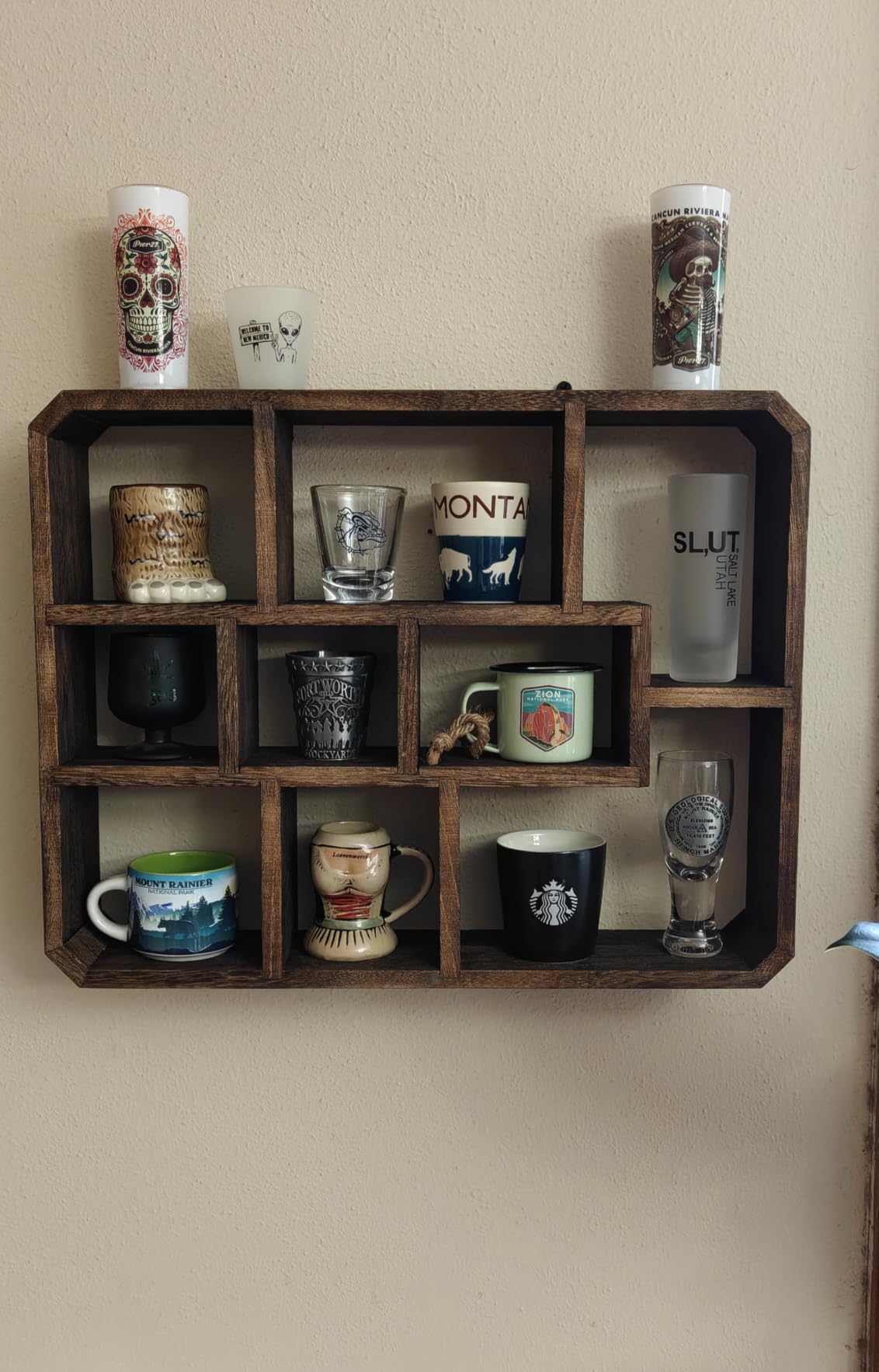 Frcctre Rustic Shadow Box Display Shelf, 9 Compartments Wood Hanging Display Floating Shelves, Multi-Slot Wall Mounted or Freestanding Farmhouse Decor Displays Case customer photo 1